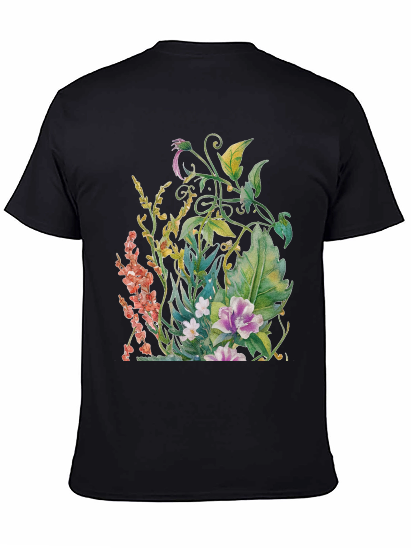 Black Floral Garden Watercolor Black T-Shirt view 4