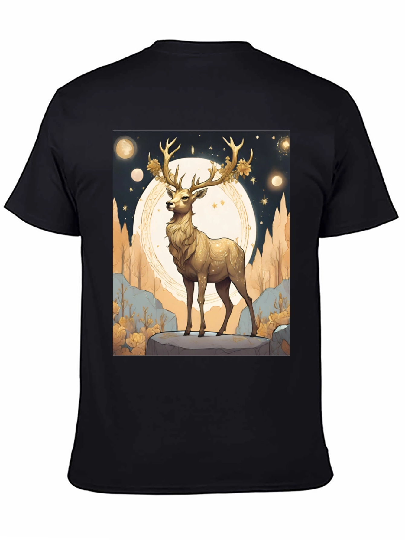 Black Golden Deer Graphic Tee - Celestial Stag Design view 4