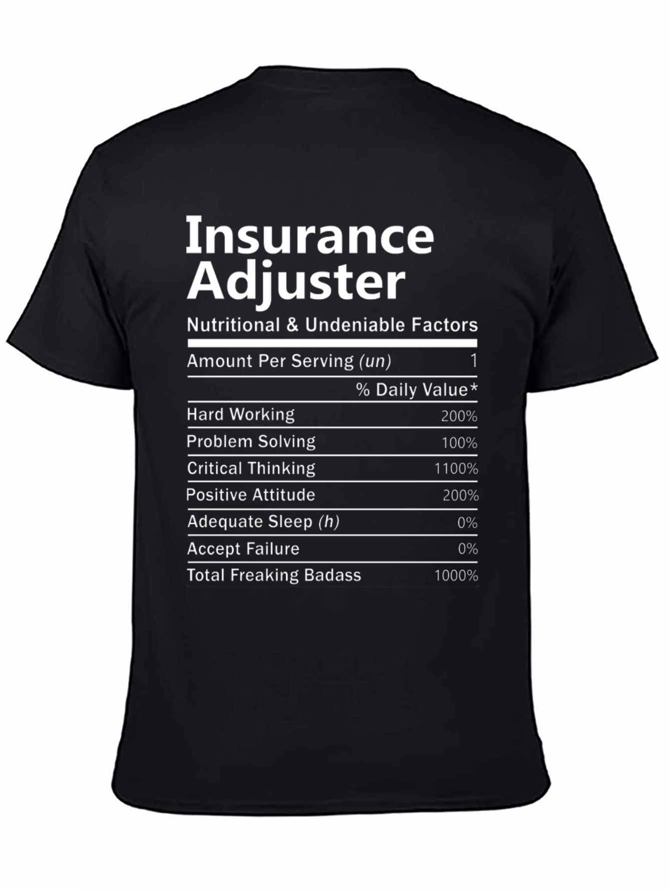 Black Insurance Adjuster Nutrition Facts T-Shirt view 4