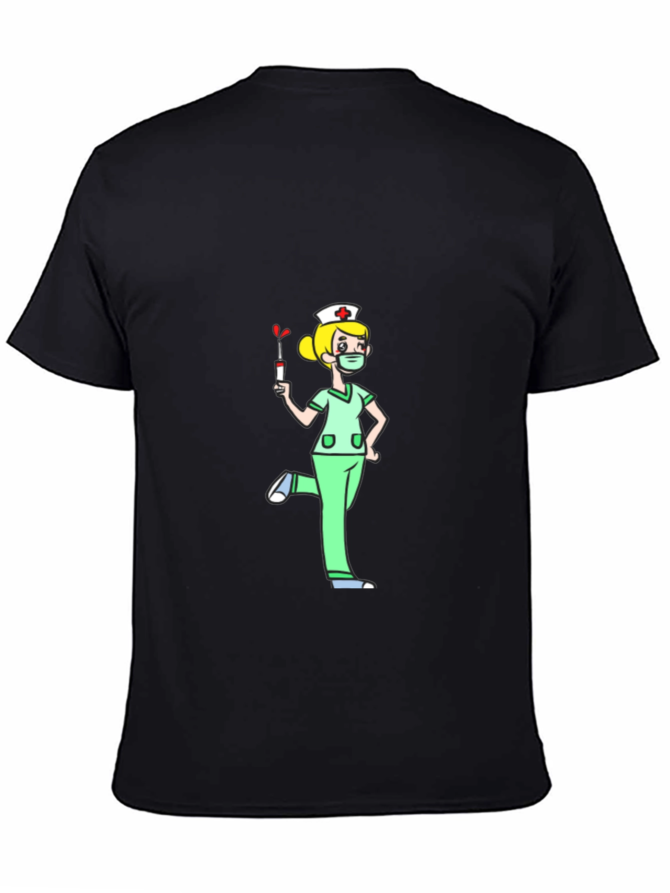 Black Nurse Cartoon Graphic T-Shirt - Black Cotton Tee view 4