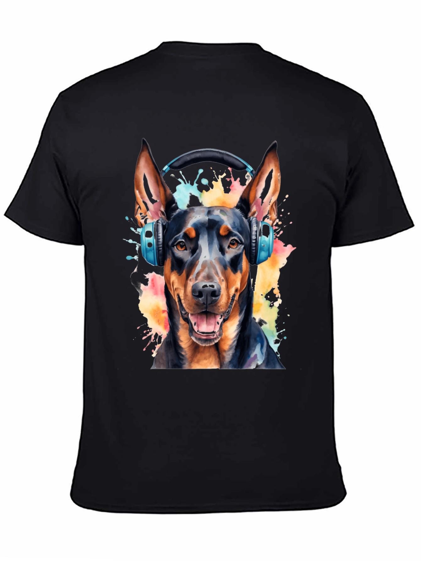 Black Dog with Headphones Black T-Shirt view 4