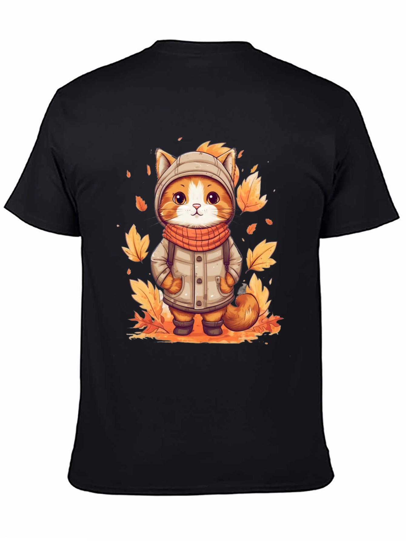 Black Fall Cat T-Shirt - Cute Autumn Kitten Design view 4