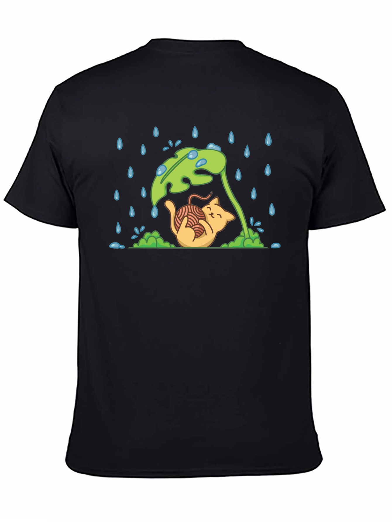 Black Cute Cat Under Leaf in Rain T-Shirt view 4