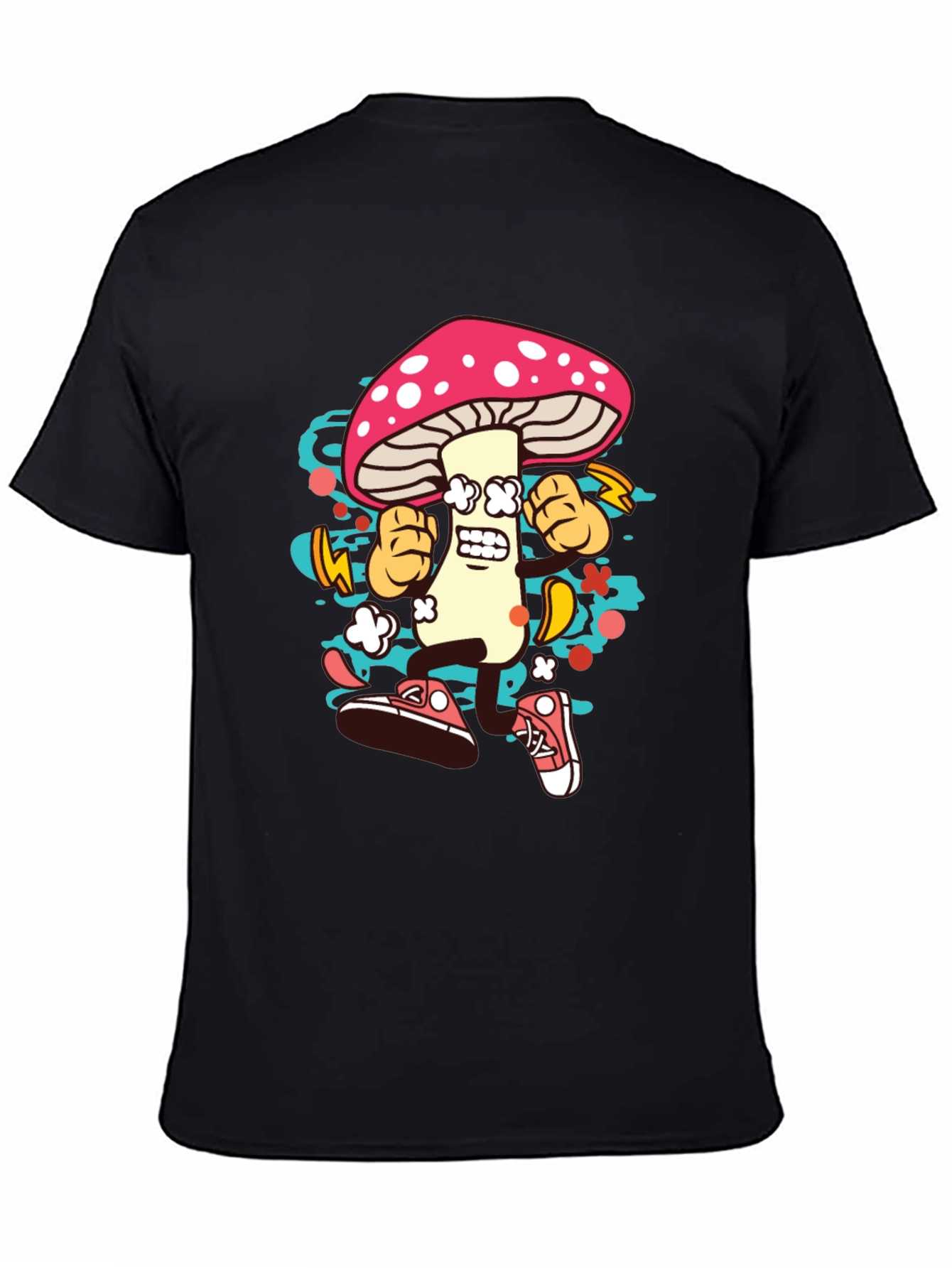 Black Funky Mushroom Graphic T-Shirt - Black Cotton Tee view 4