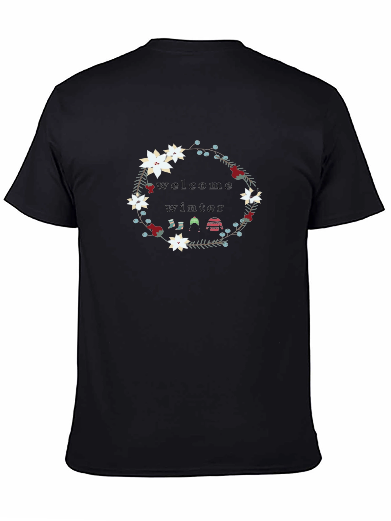 Black Welcome Winter Floral Wreath Black T-Shirt view 4