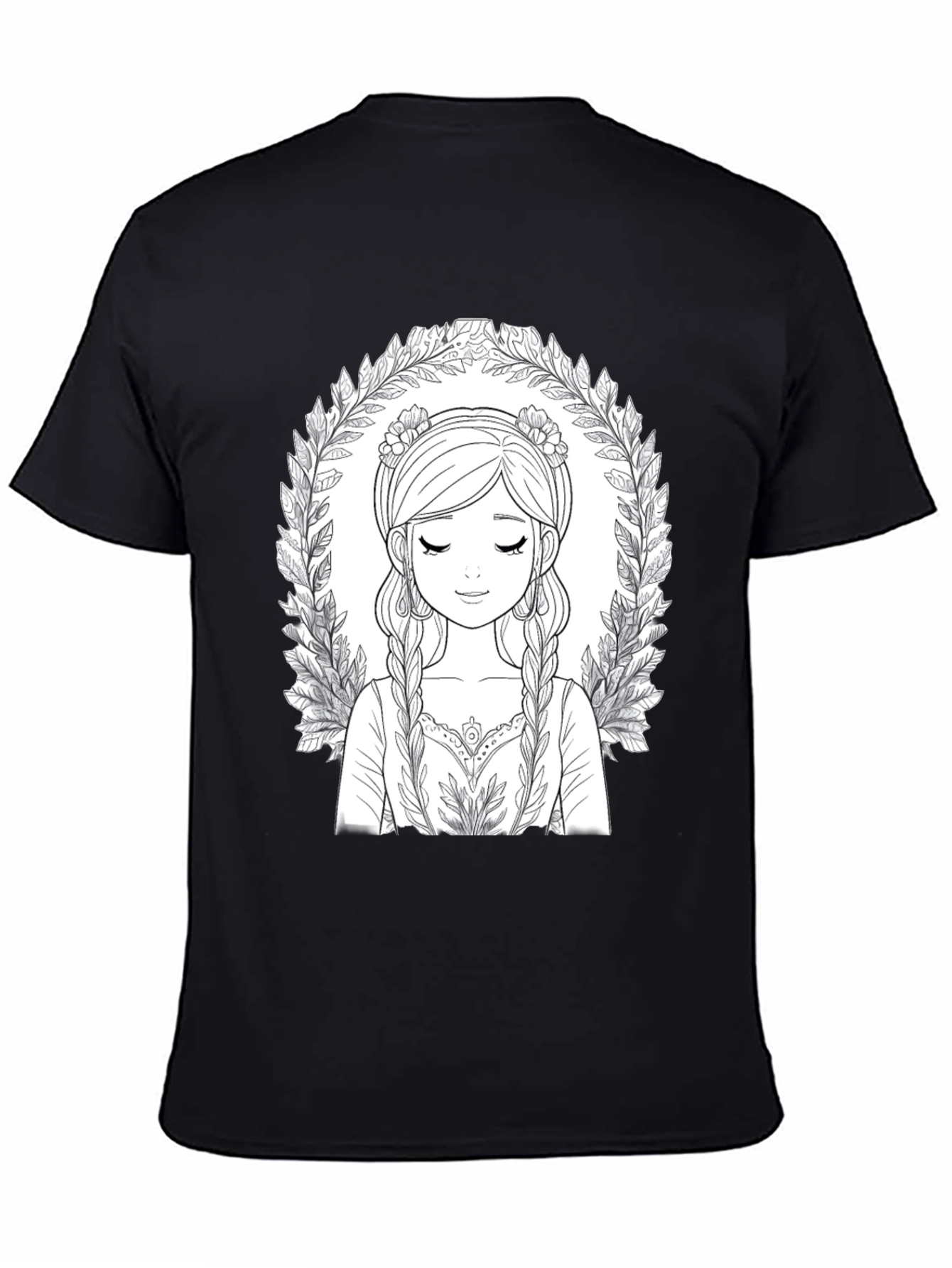 Black Black T-Shirt with Intricate Girl Portrait Design view 4