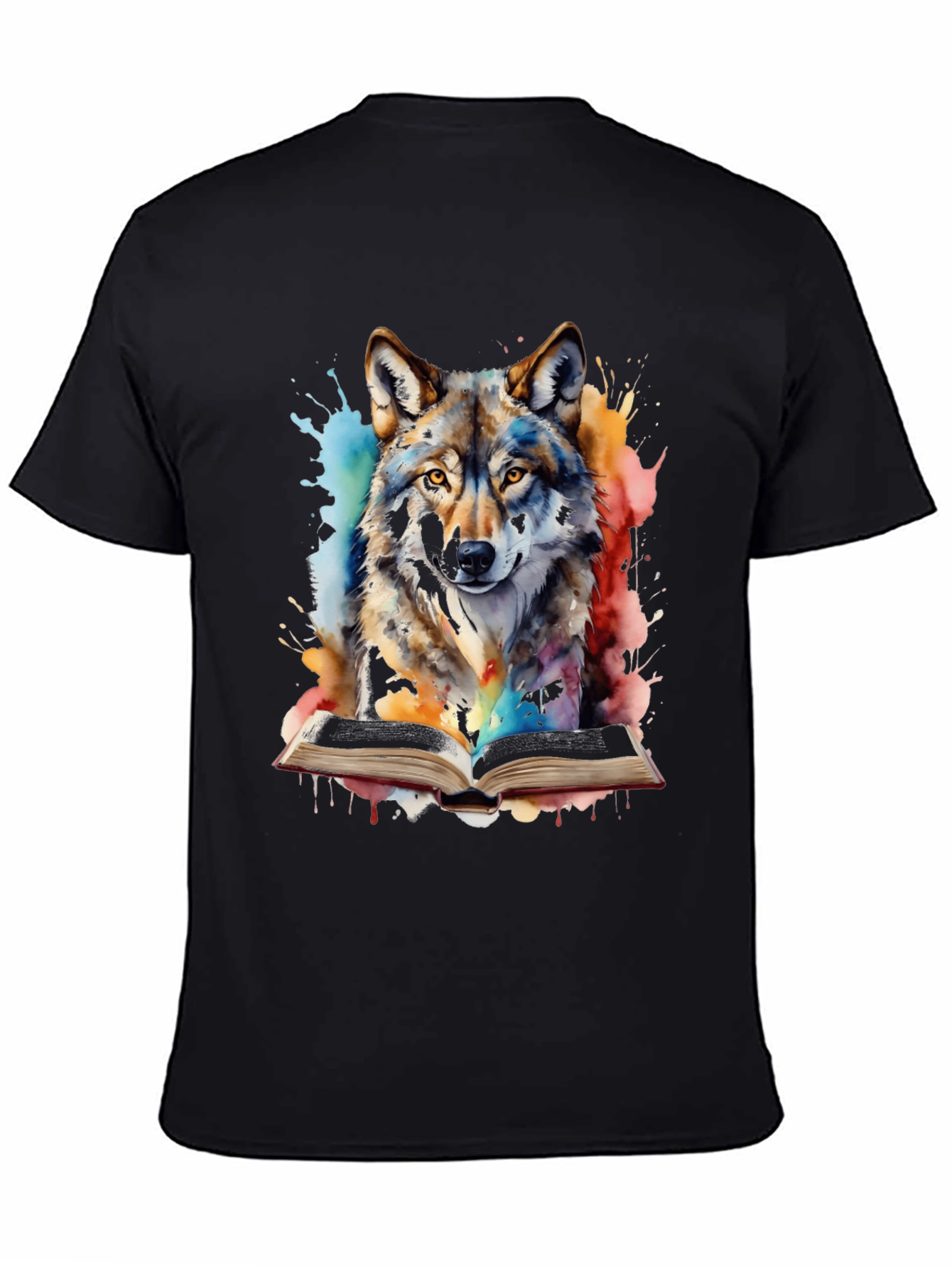 Black Watercolor Wolf Reading T-Shirt - Unique Graphic Tee view 4