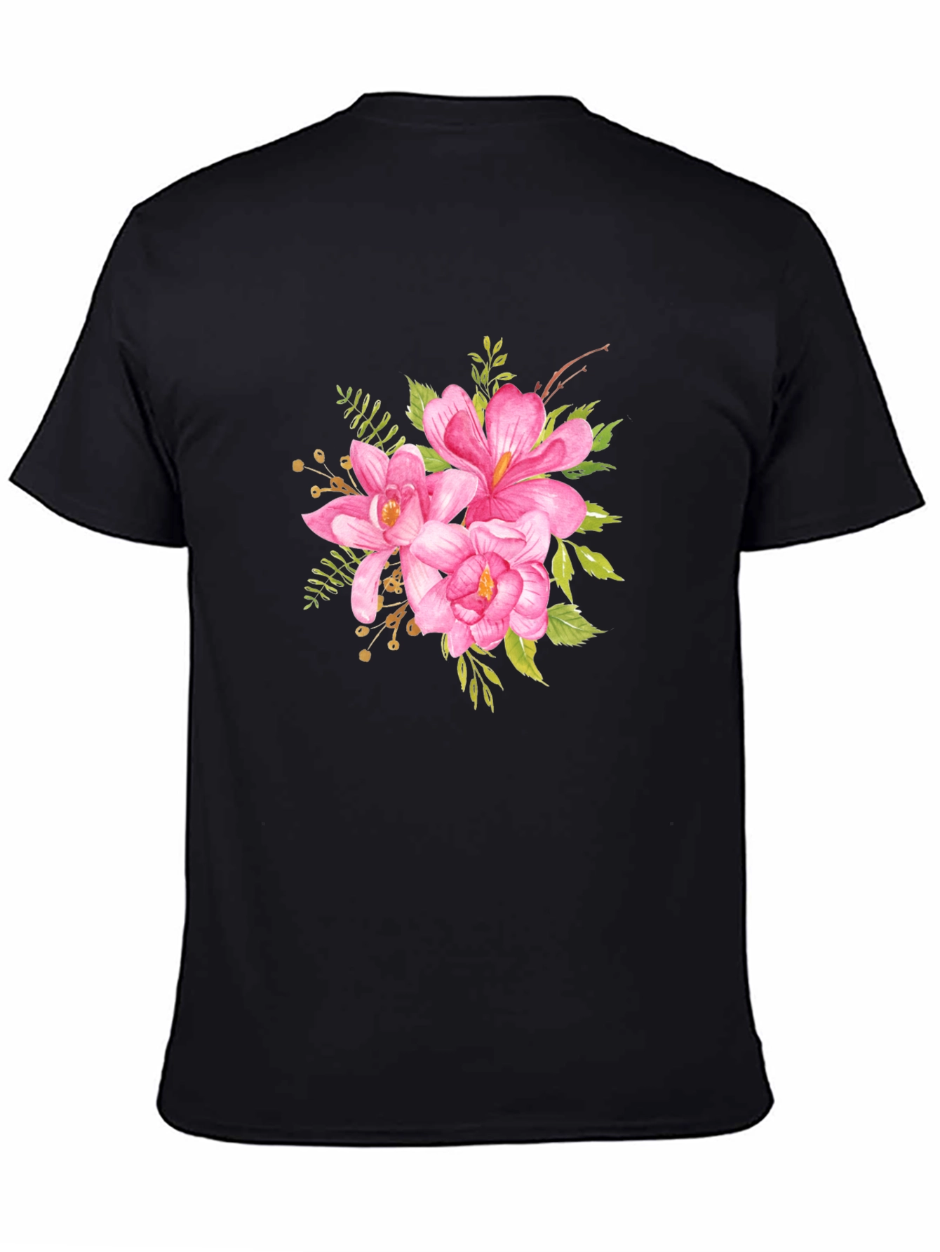 Black Floral T-Shirt - Pink Watercolor Flower Graphic Tee view 4
