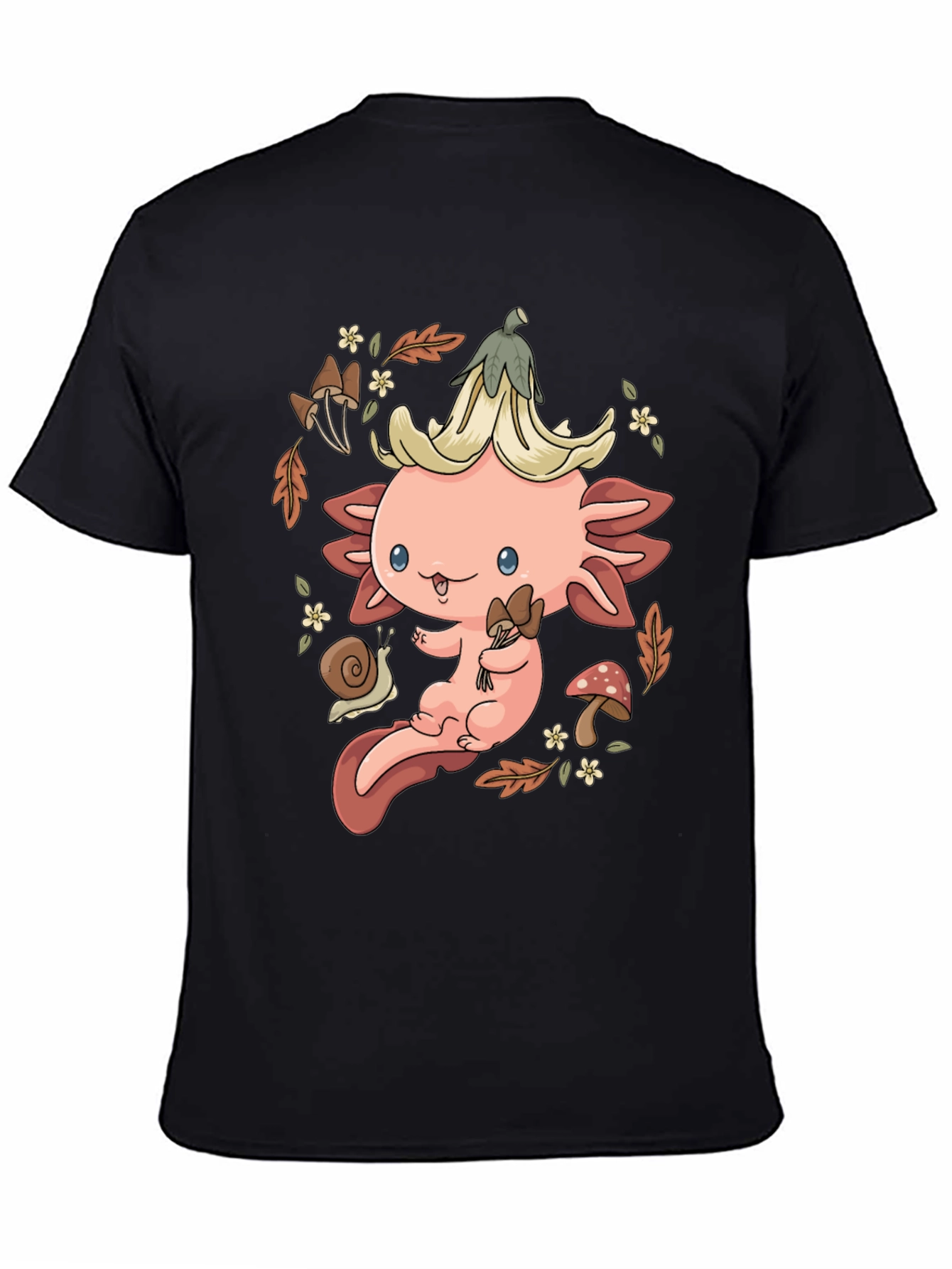 Black Cute Axolotl Mushroom T-Shirt - Whimsical Nature Design view 4