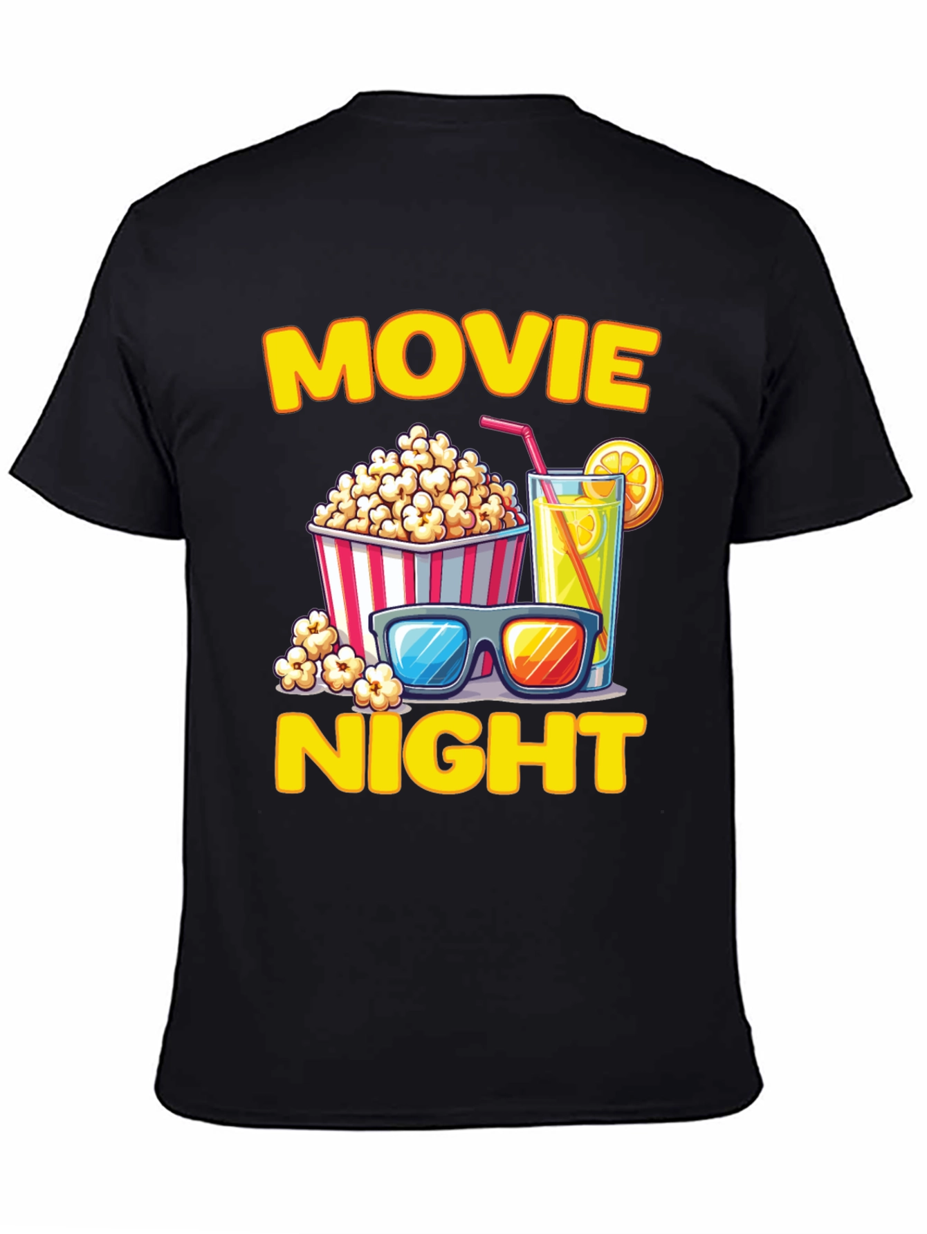 Black Movie Night T-Shirt - Popcorn, Drink, and Glasses view 4