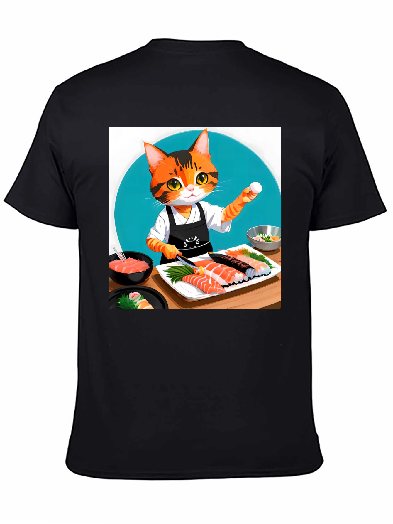 Black Sushi Cat T-Shirt - Chef Kitten Design view 4