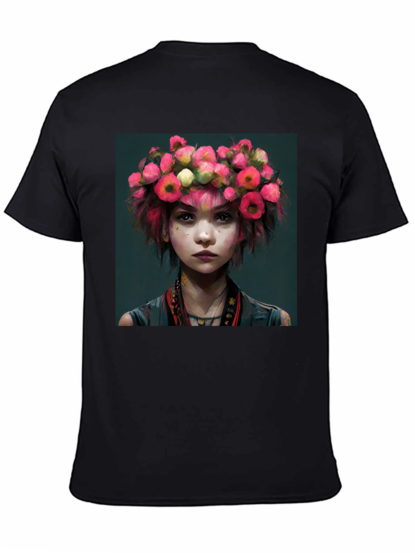 Black Floral Crown Girl Portrait T-Shirt view 4