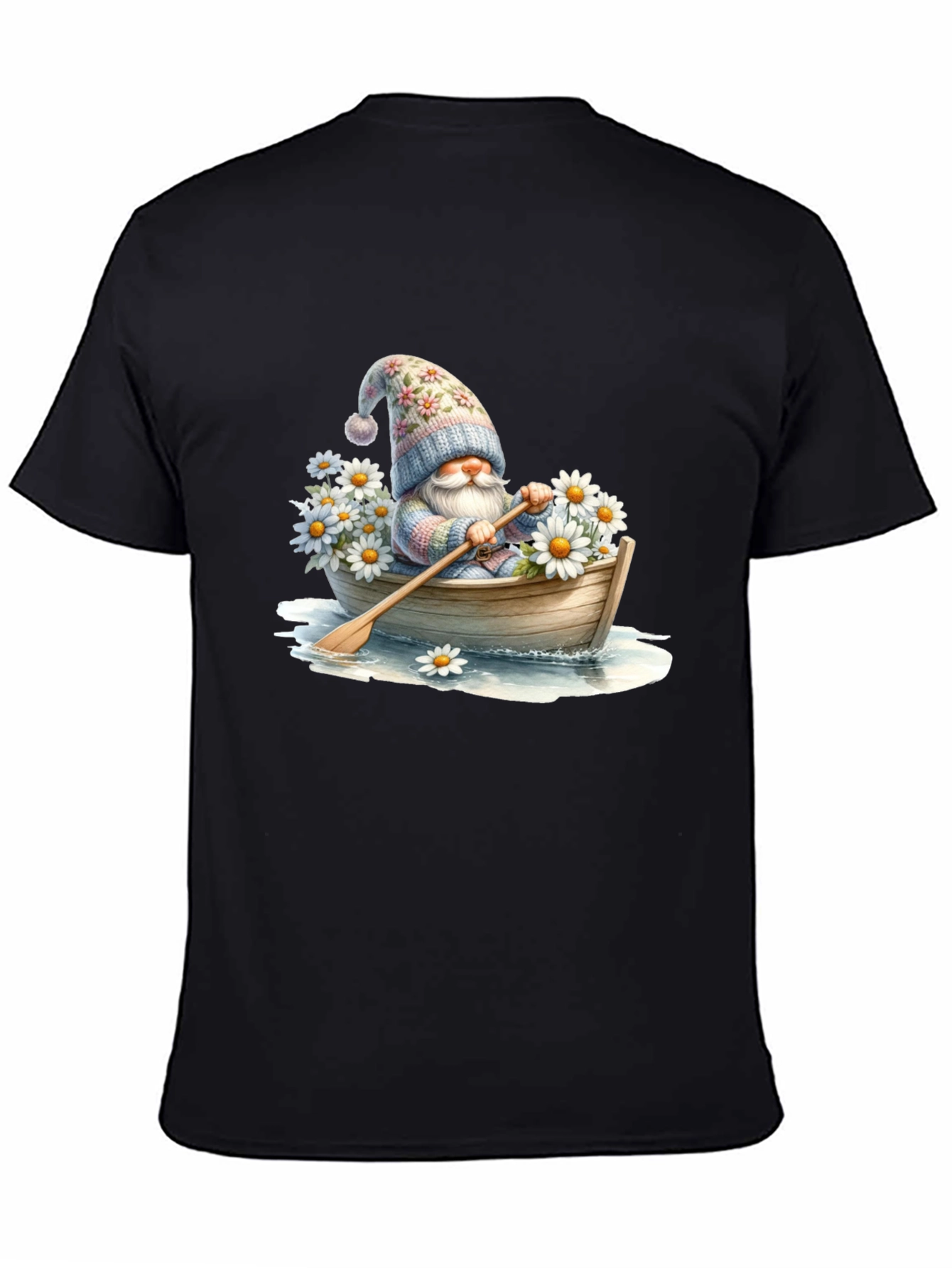 Black Gnome in Boat T-Shirt - Whimsical Floral Hat view 4