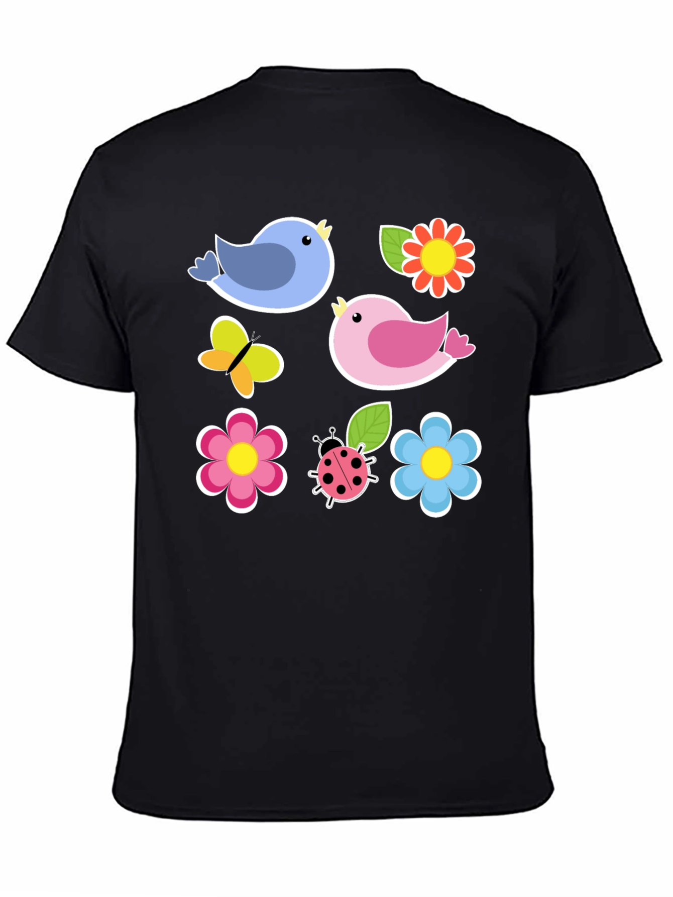 Black Cute Spring Bird & Floral Graphic Black T-Shirt view 4