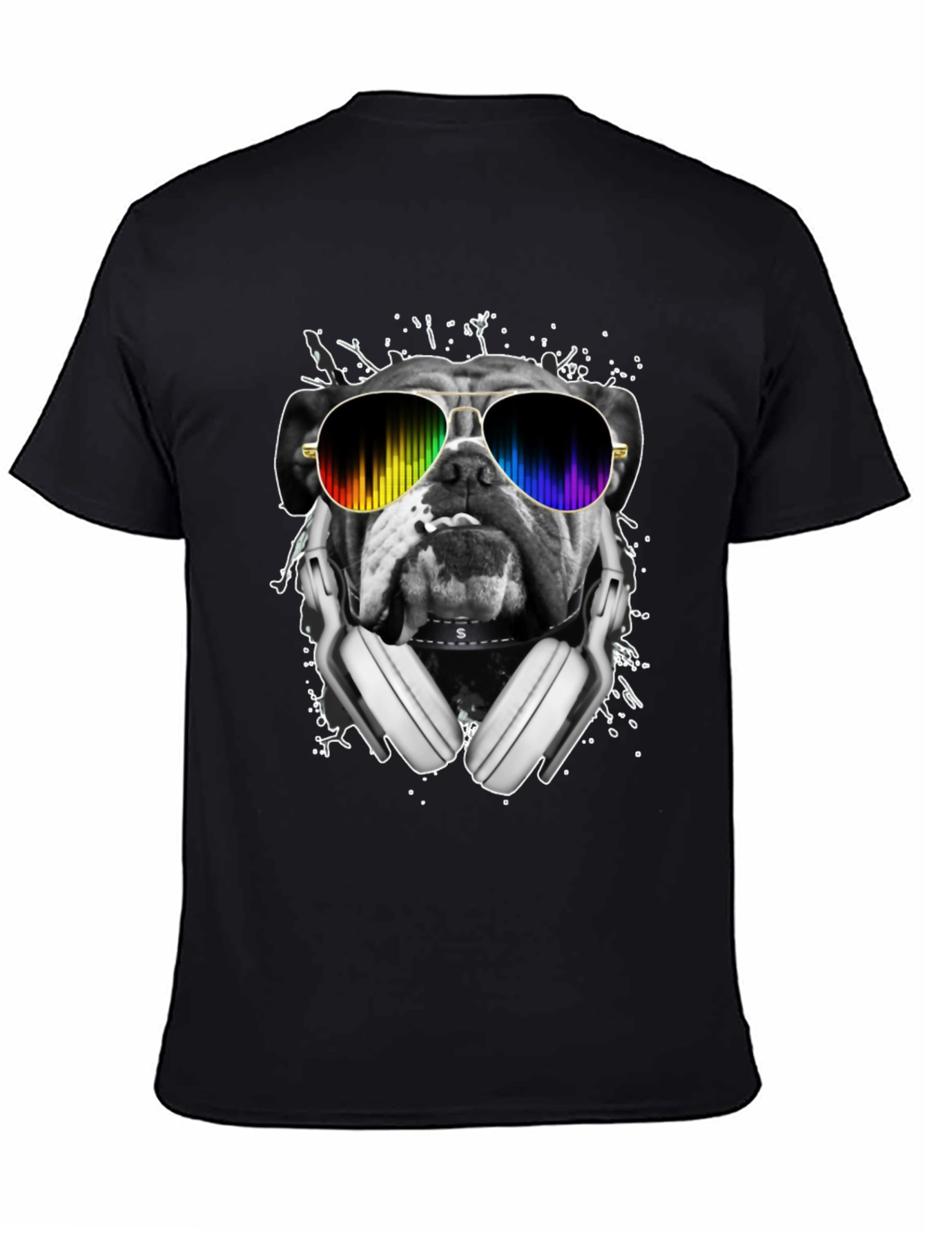 Black Bulldog DJ T-Shirt - Rainbow Glasses & Headphones view 4