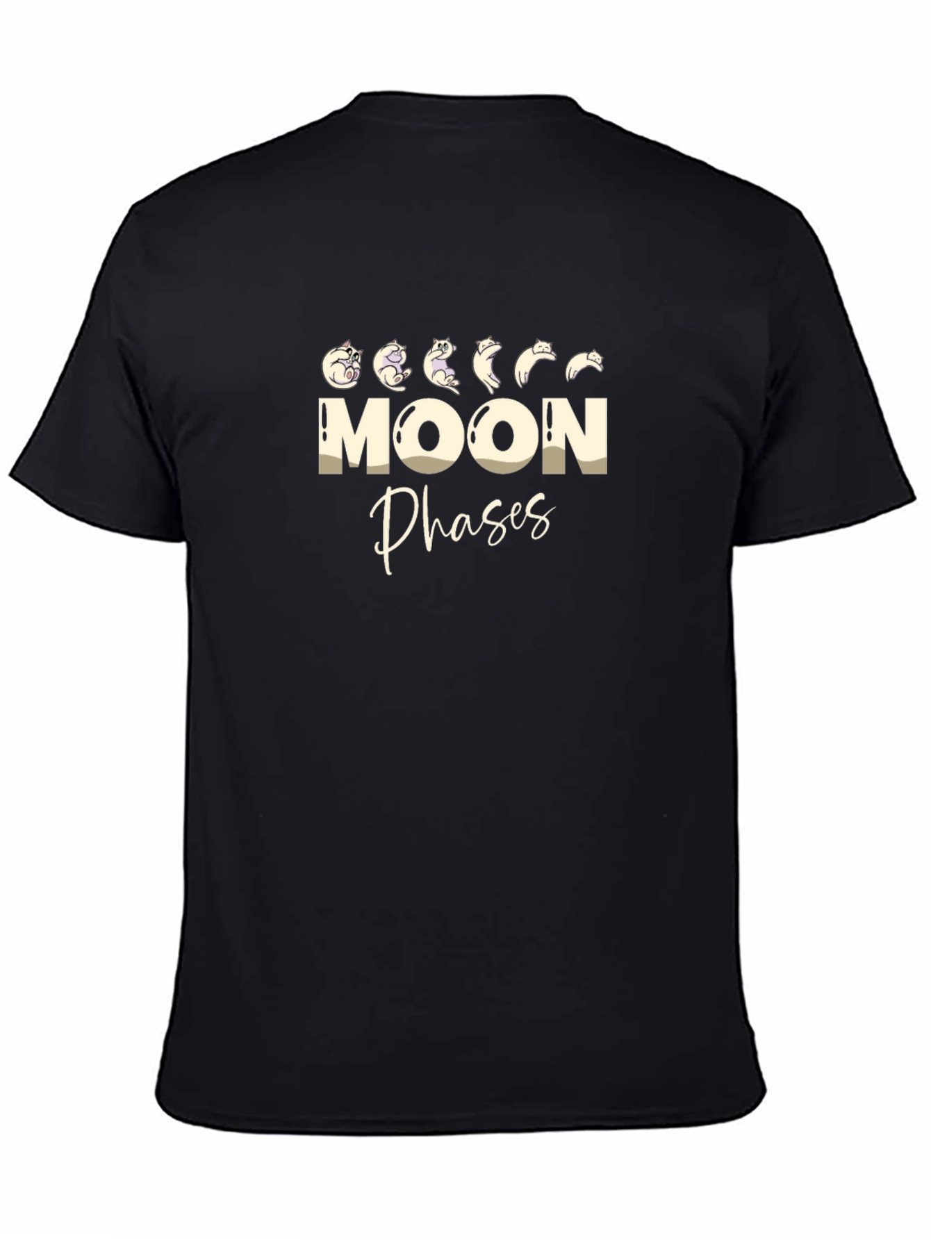 Black Moon Phases Cat T-Shirt - Black Cotton Tee view 4