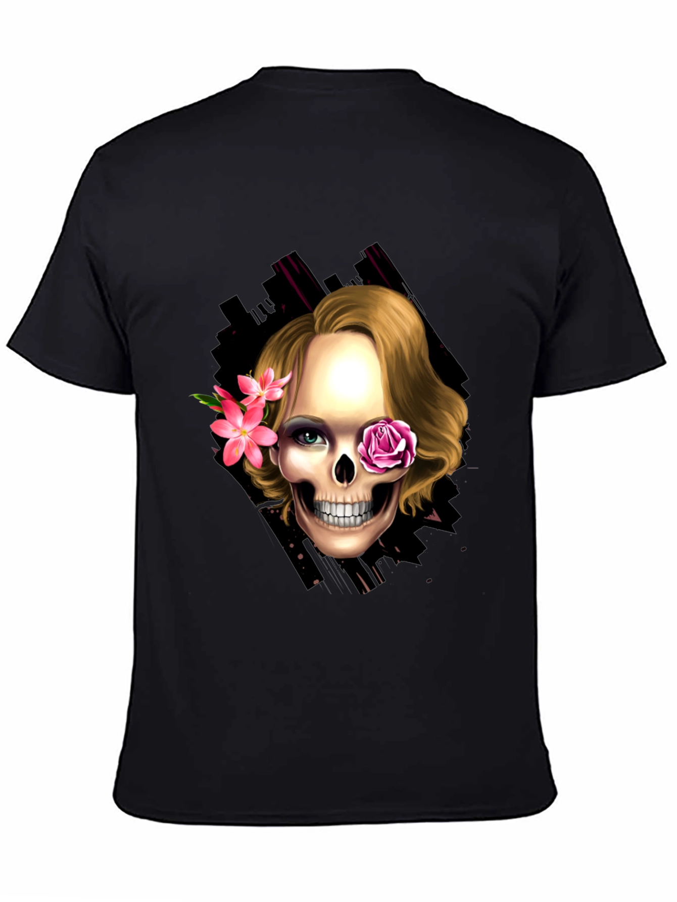 Black Skull & Flowers Graphic Tee - Trendy Halloween Style view 4