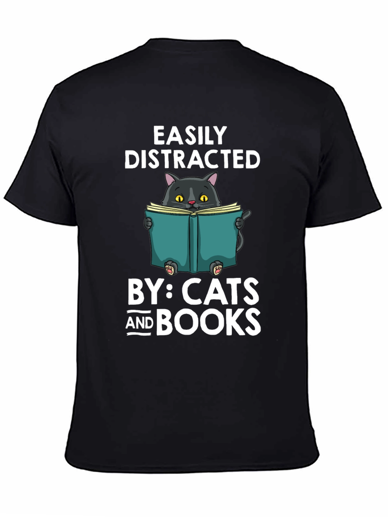Black Easily Distracted By Cats and Books T-Shirt view 4