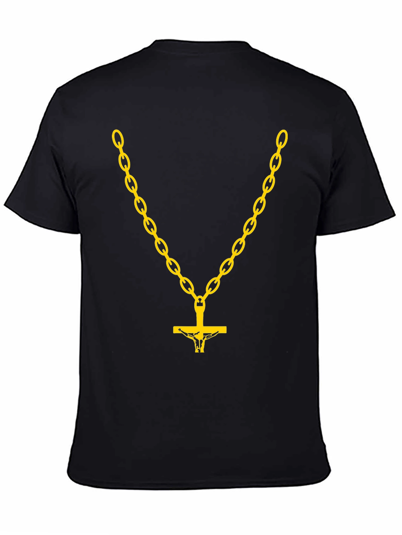 Black Men's Black T-Shirt with Gold Chain and Cross Design view 4
