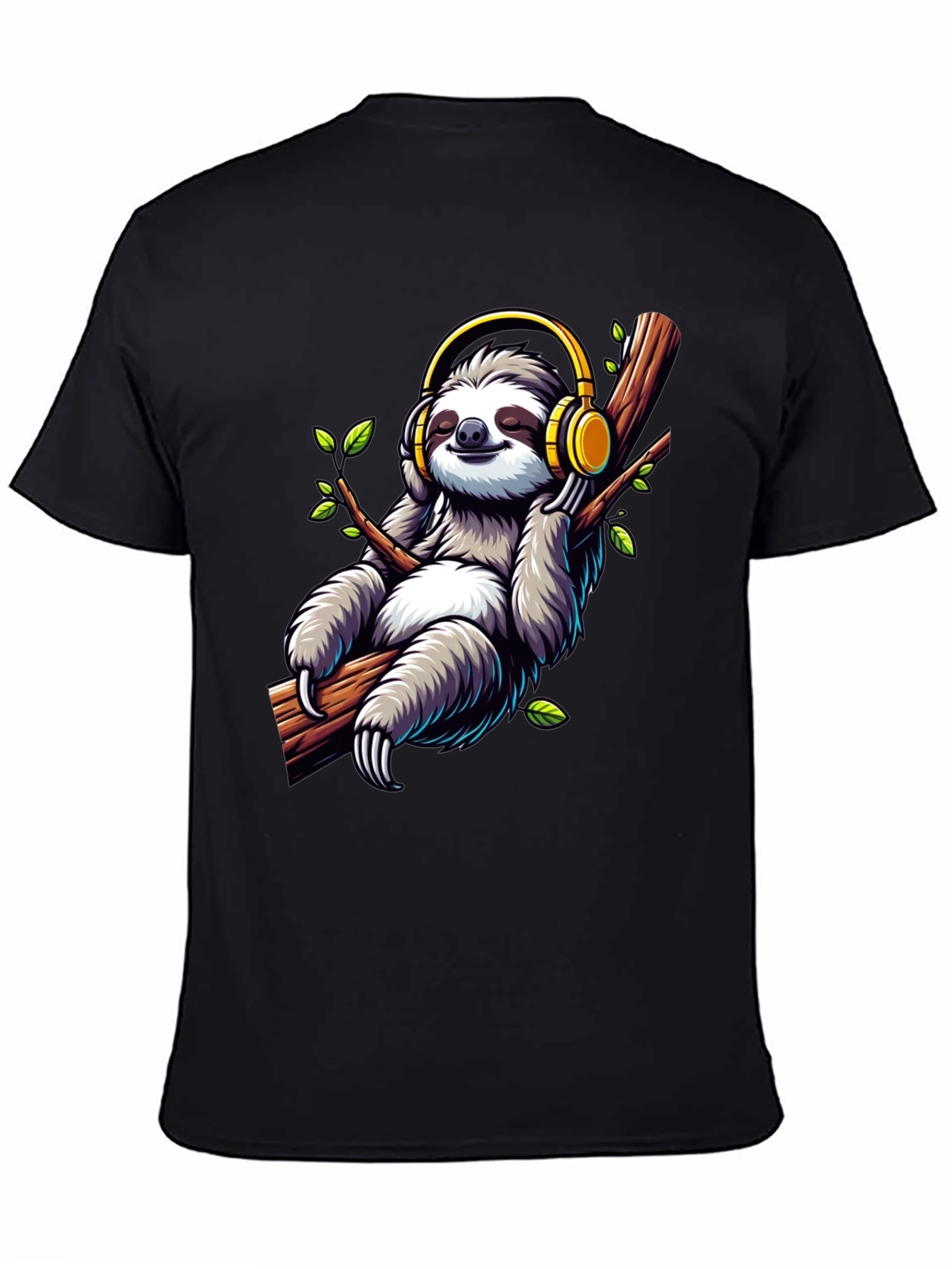 Black Sloth with Headphones Graphic T-Shirt view 4