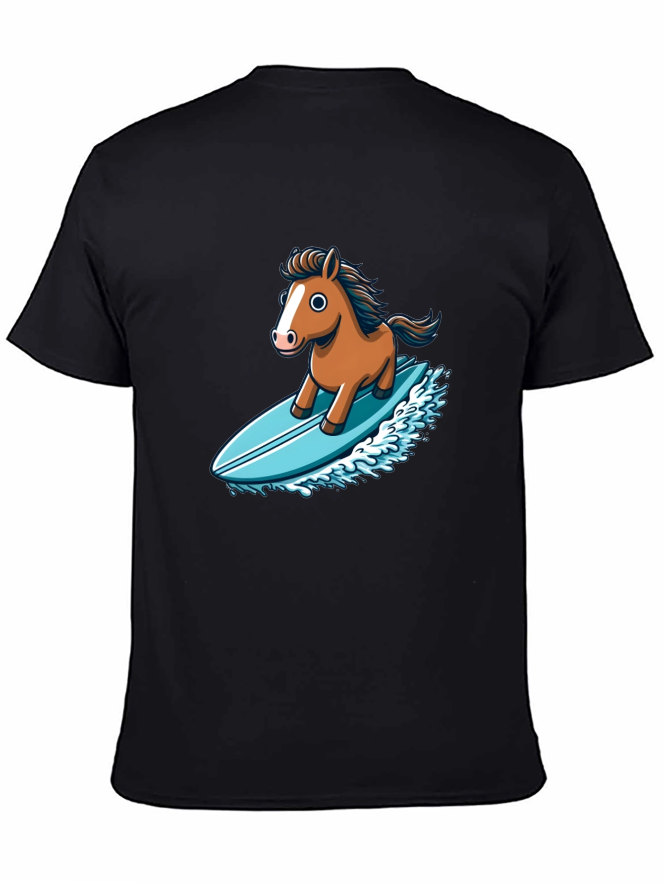 Black Horse Surfing T-Shirt - Unique Cartoon Design view 4