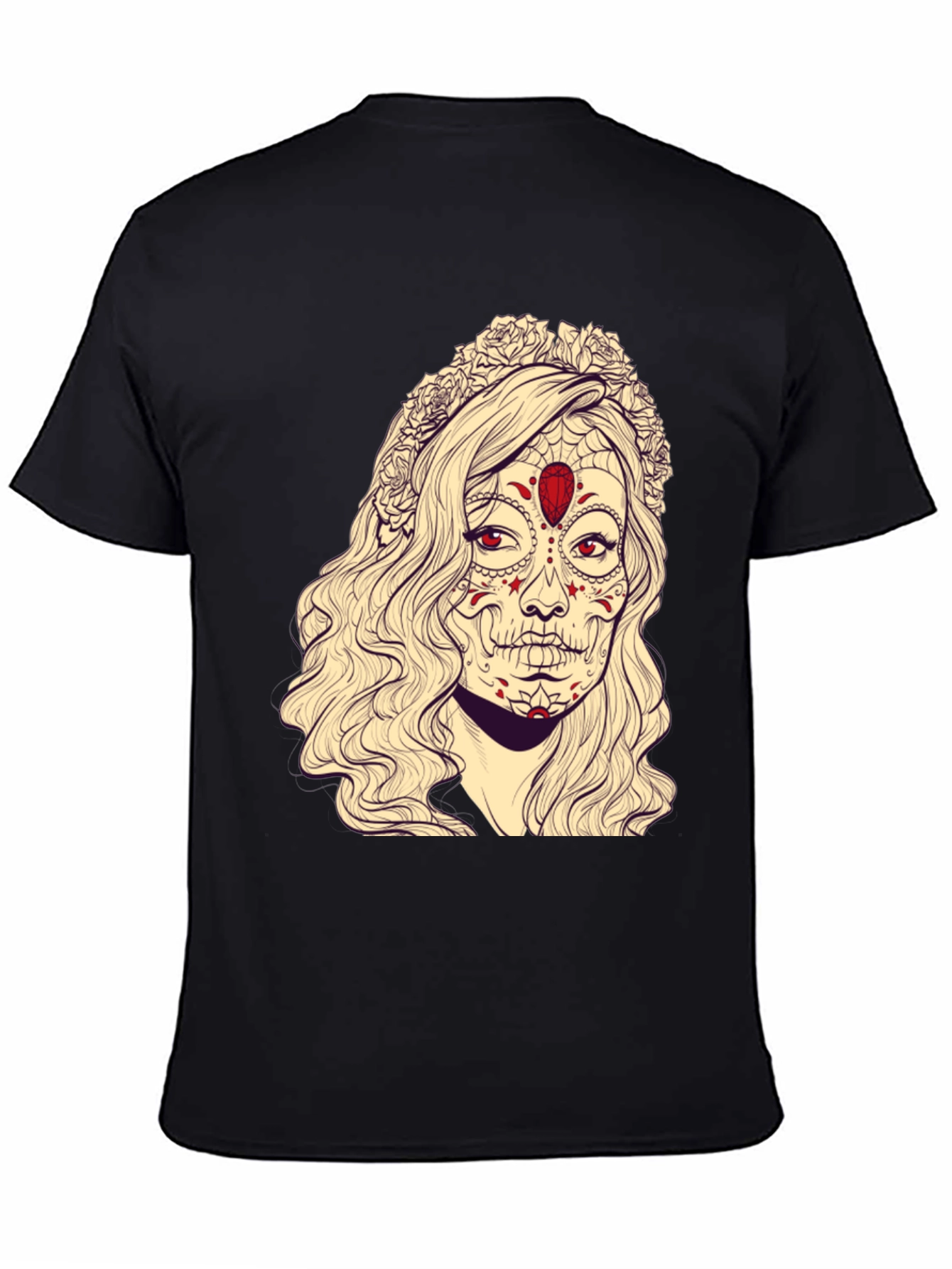 Black Sugar Skull Woman Graphic Tee - Black Cotton T-Shirt view 4