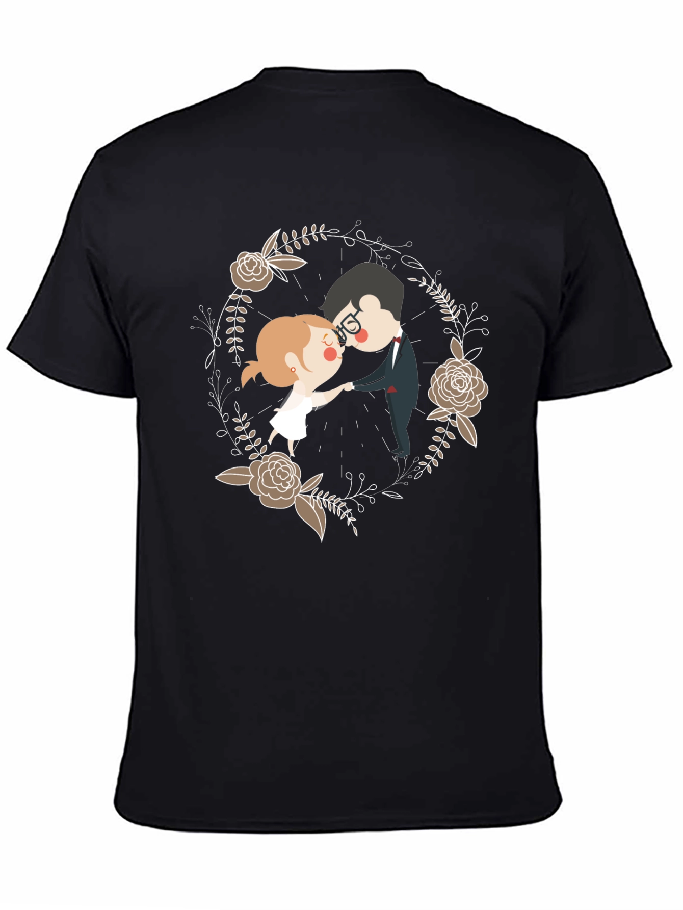 Black Romantic Couple Floral Wreath T-Shirt view 4