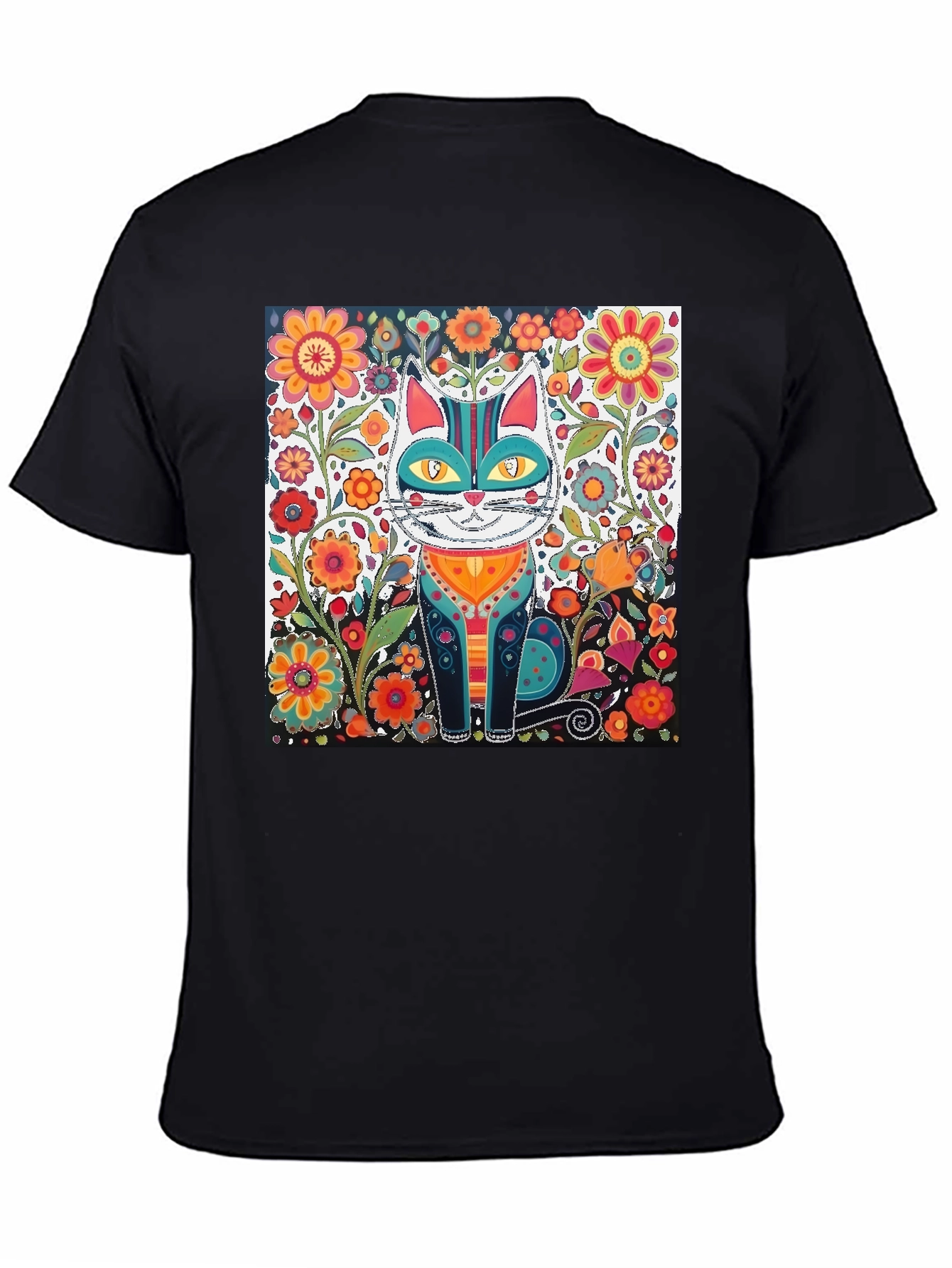 Black Floral Cat Graphic Tee - Unique Design view 4