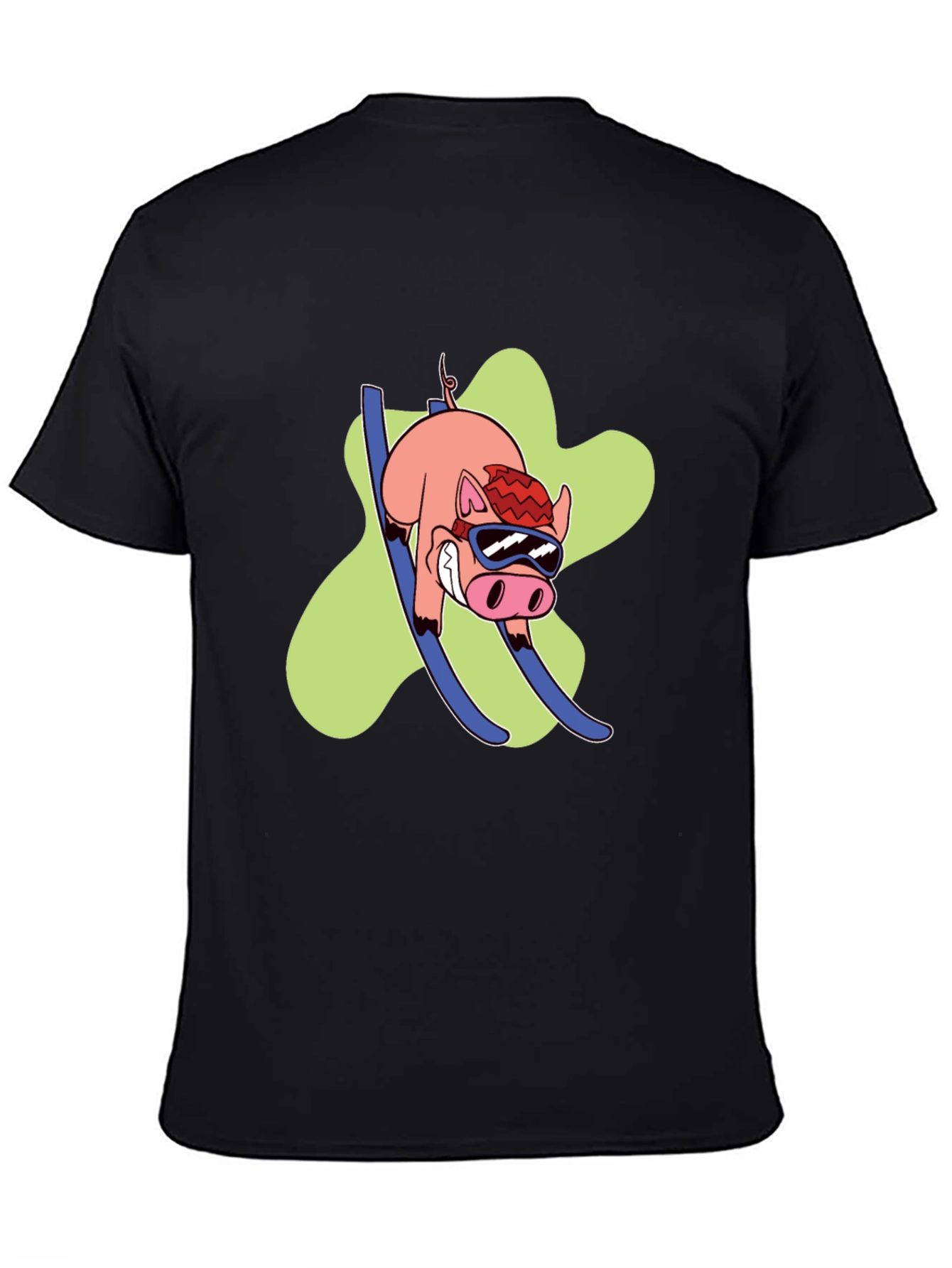 Black Skiing Pig Graphic Tee - Black Crew Neck T-Shirt view 4