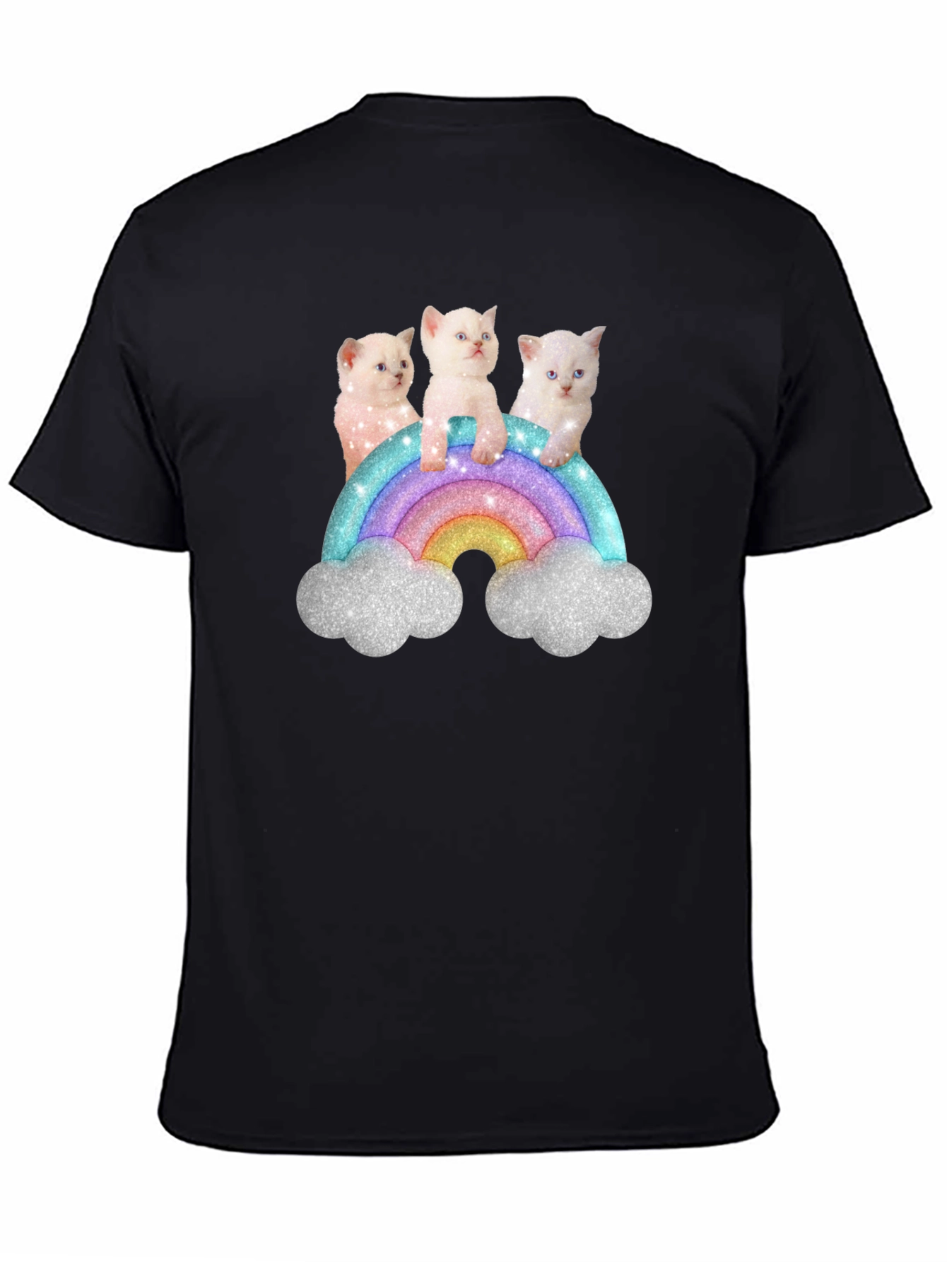 Black Cute Kitten Rainbow Graphic Tee - Black Unisex T-Shirt view 4
