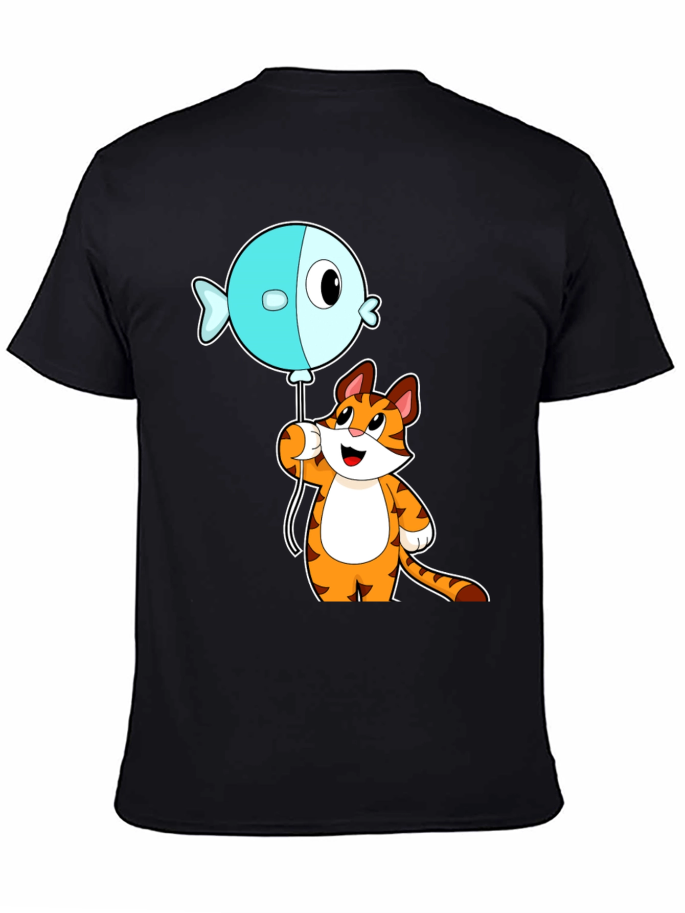 Black Cartoon Cat & Fish Balloon Graphic Tee view 4