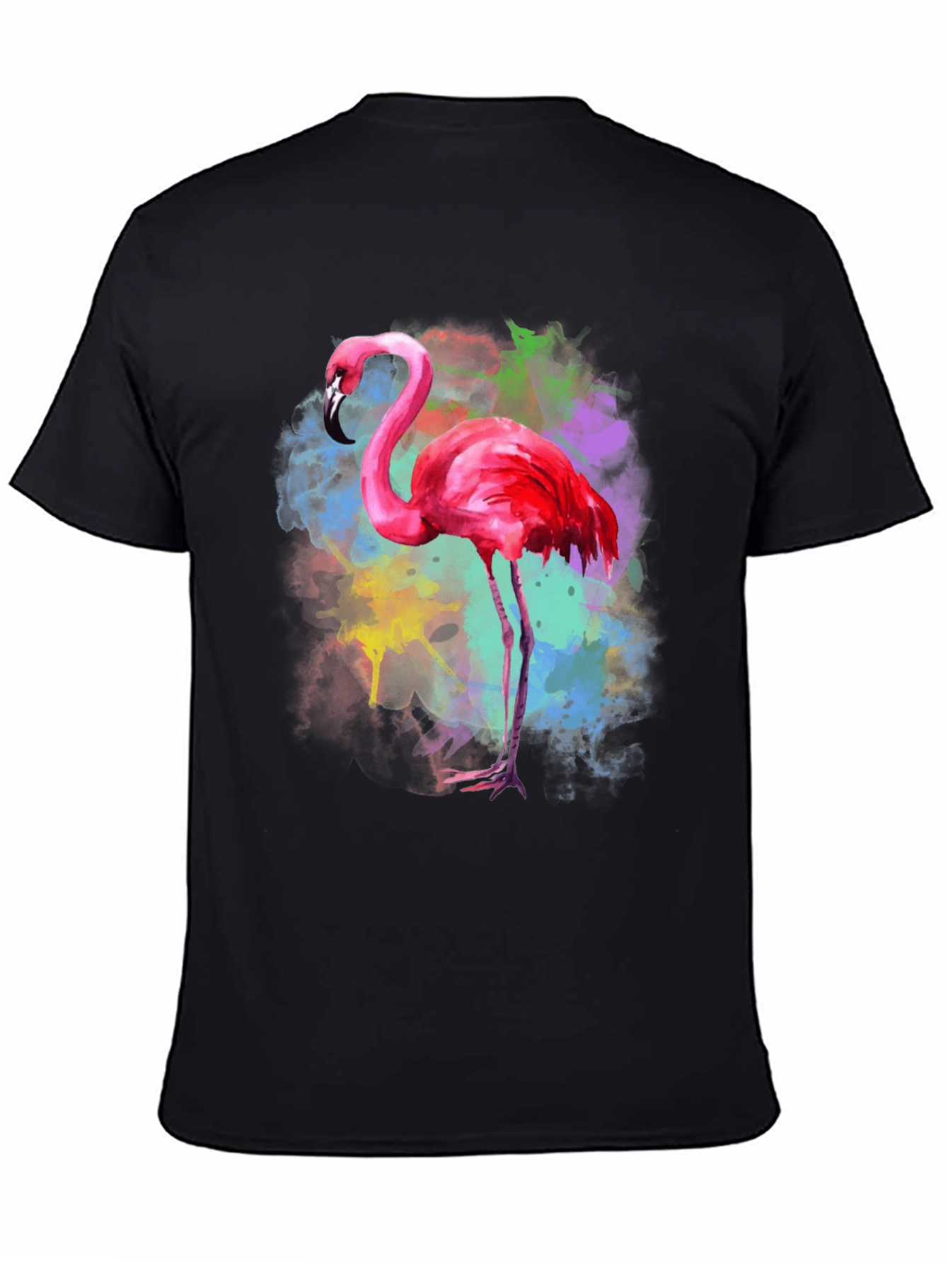 Black Flamingo Watercolor Graphic Tee - Black Cotton T-Shirt view 4