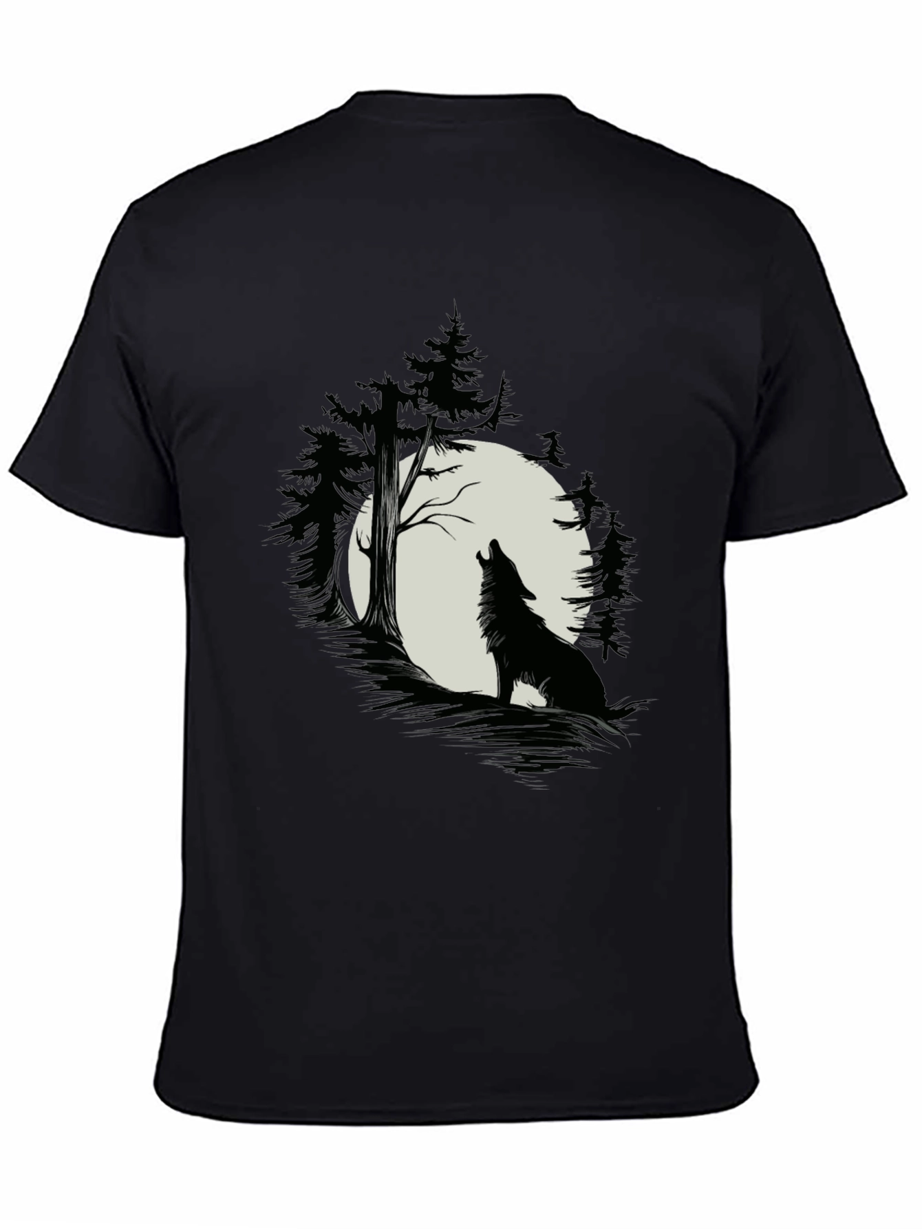 Black Wolf Howling at Moon T-Shirt - Black Cotton Tee view 4