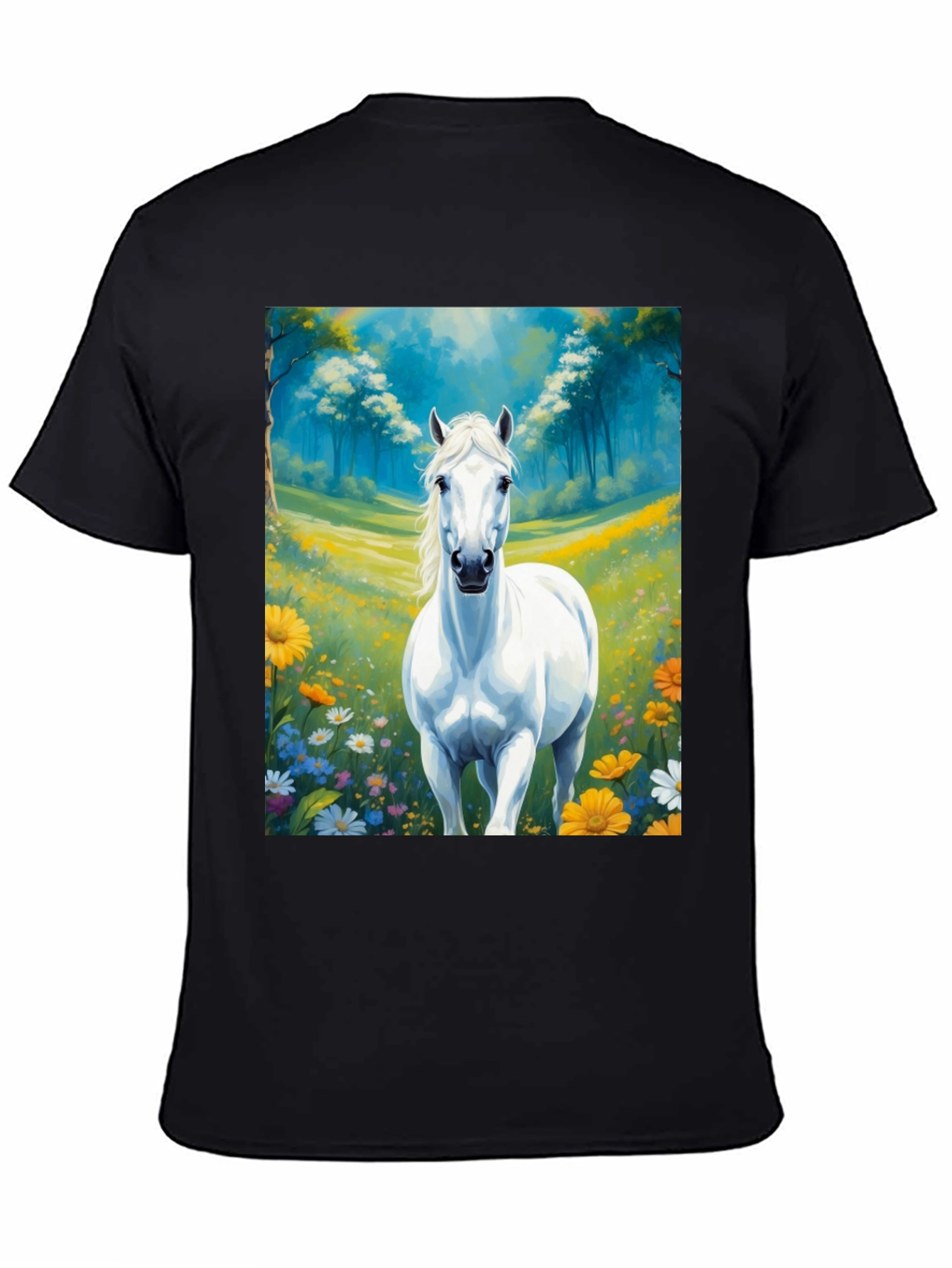 Black White Horse in Meadow Graphic Tee view 4