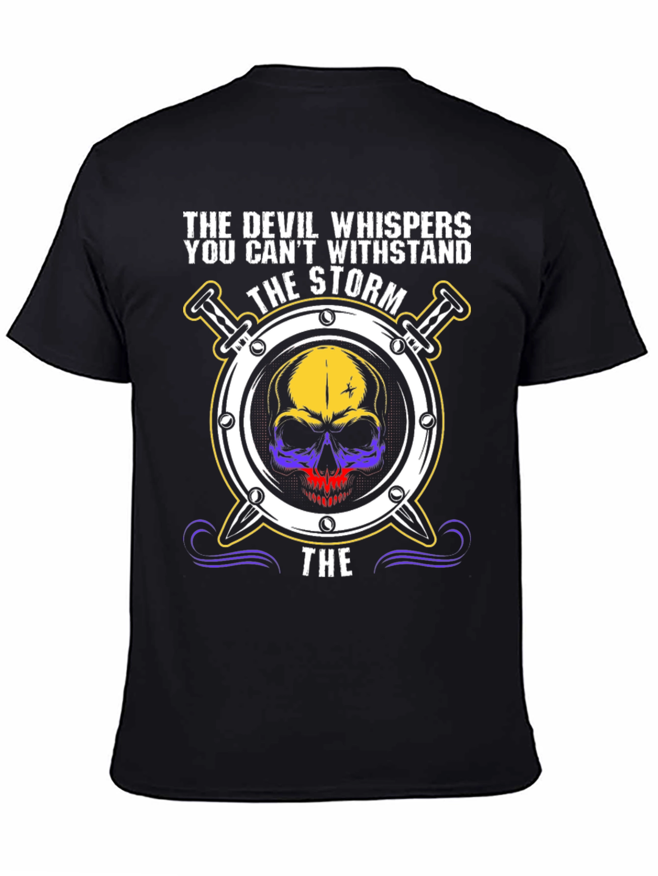 Black The Devil Whispers T-Shirt: Storm Skull Design view 4