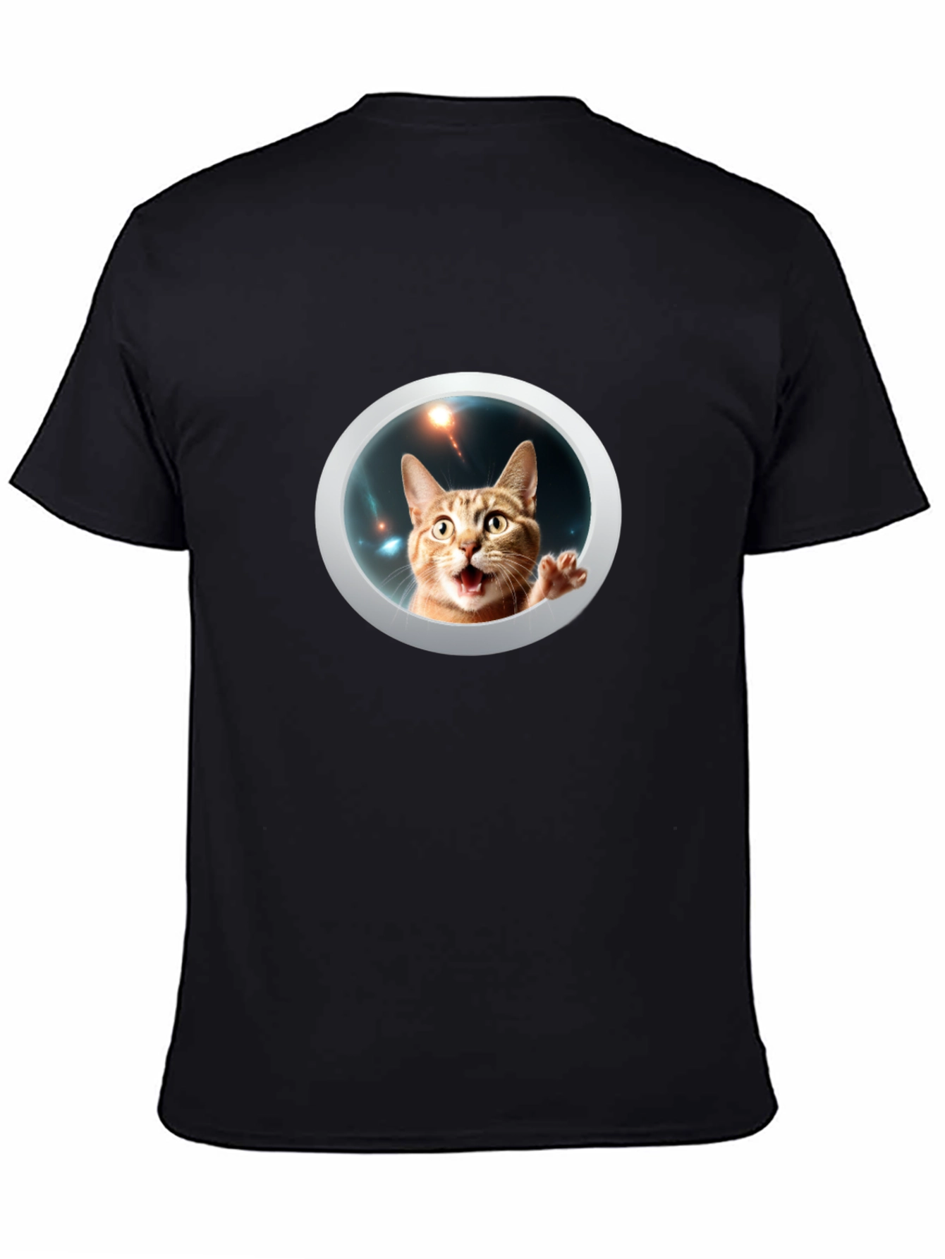Black Funny Cat in Space Black T-Shirt view 4