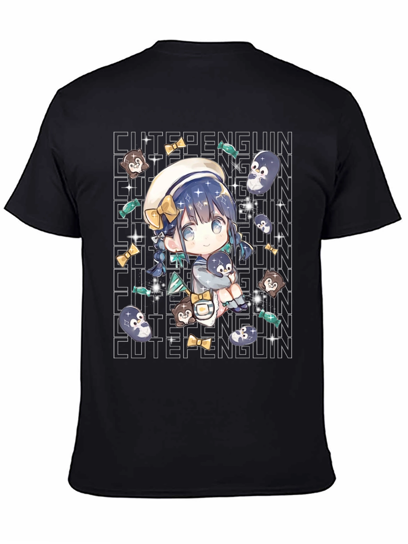 Black Anime Cute Penguin Black T-Shirt view 4