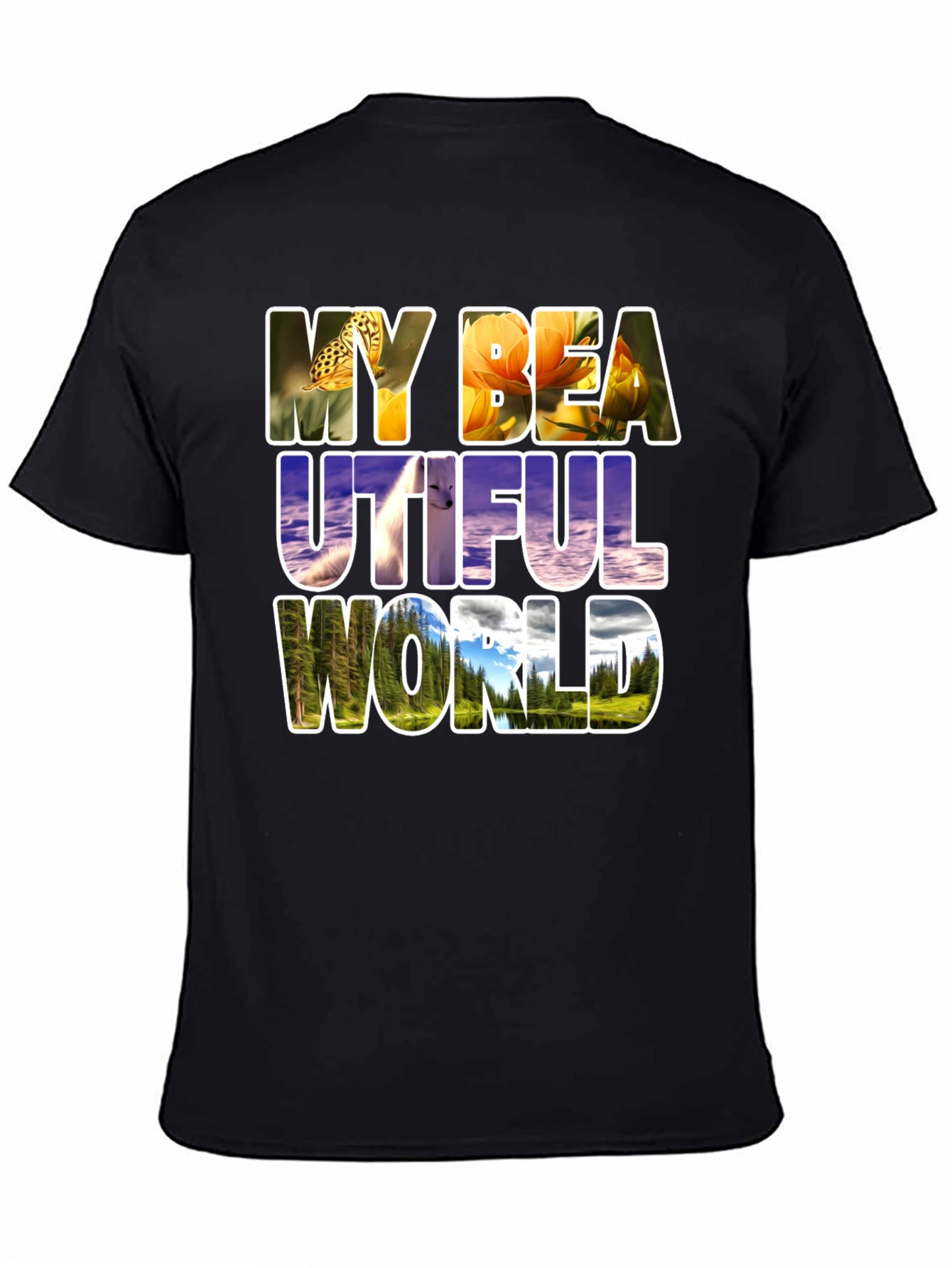 Black Nature Filled Graphic Tee - "My Beautiful World" T-Shirt view 4
