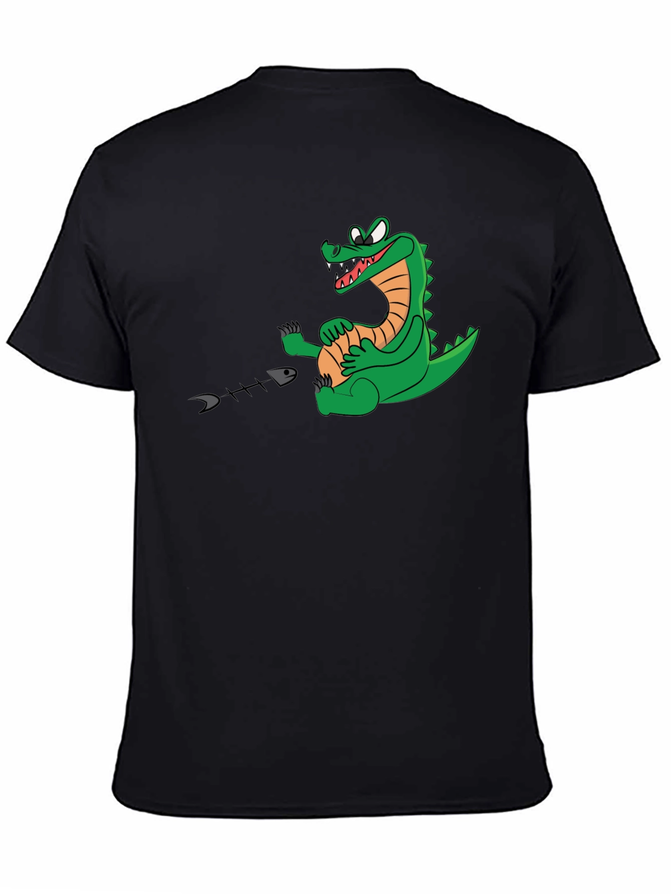 Black Alligator Eating Fish T-Shirt - Black Cotton Tee view 4