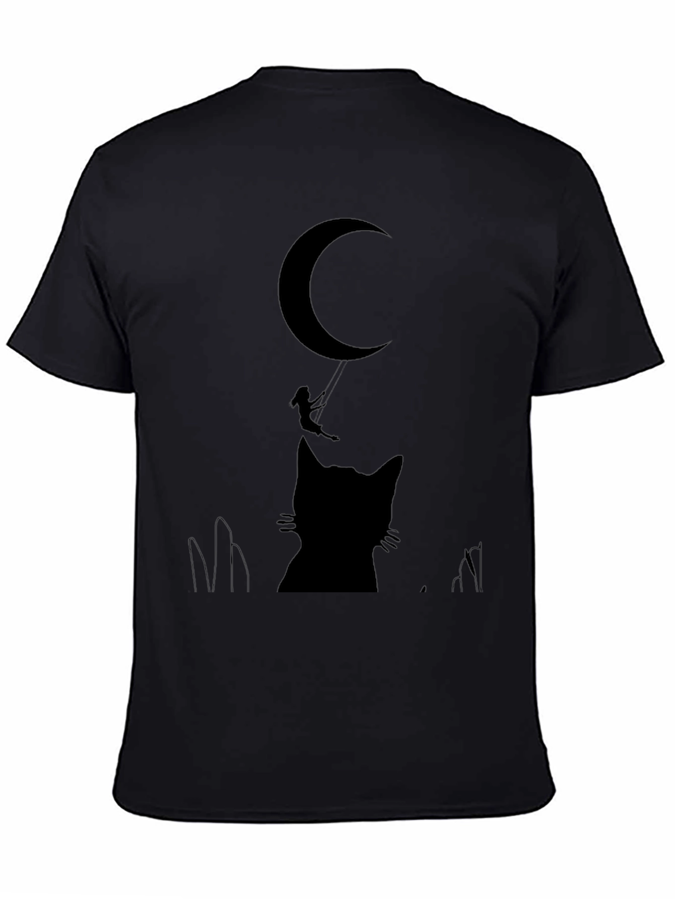 Black Whimsical Cat & Moon Graphic Tee - Black Cotton Blend view 4