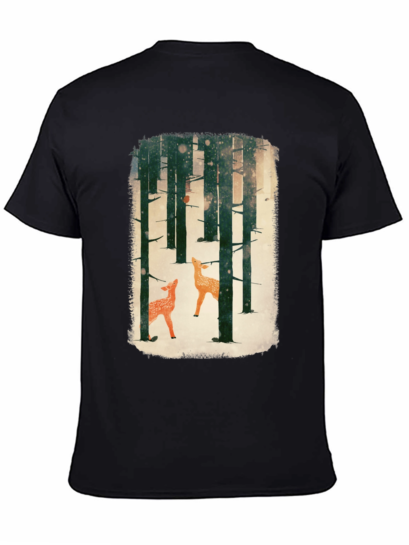 Black Winter Forest Deer Graphic Tee - Black Cotton Blend view 4