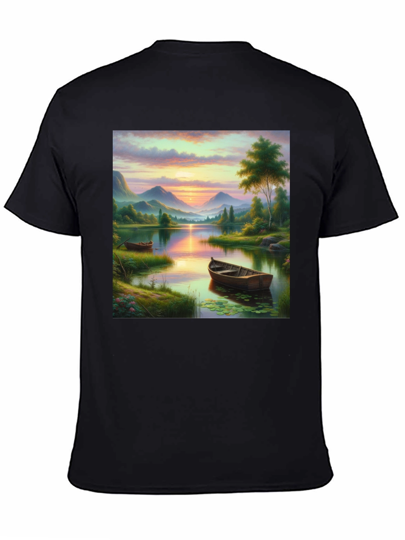 Black Lake Sunset Boat T-Shirt - Artistic Graphic Tee view 4