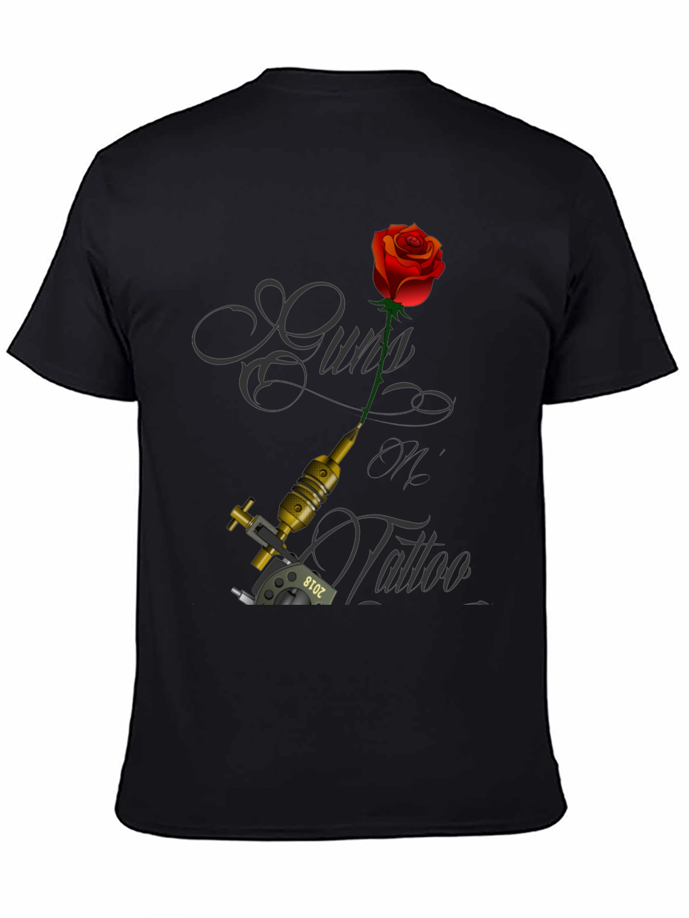 Guns Oil Tattoo Black T-Shirt with Rose and Tattoo Machine - 4