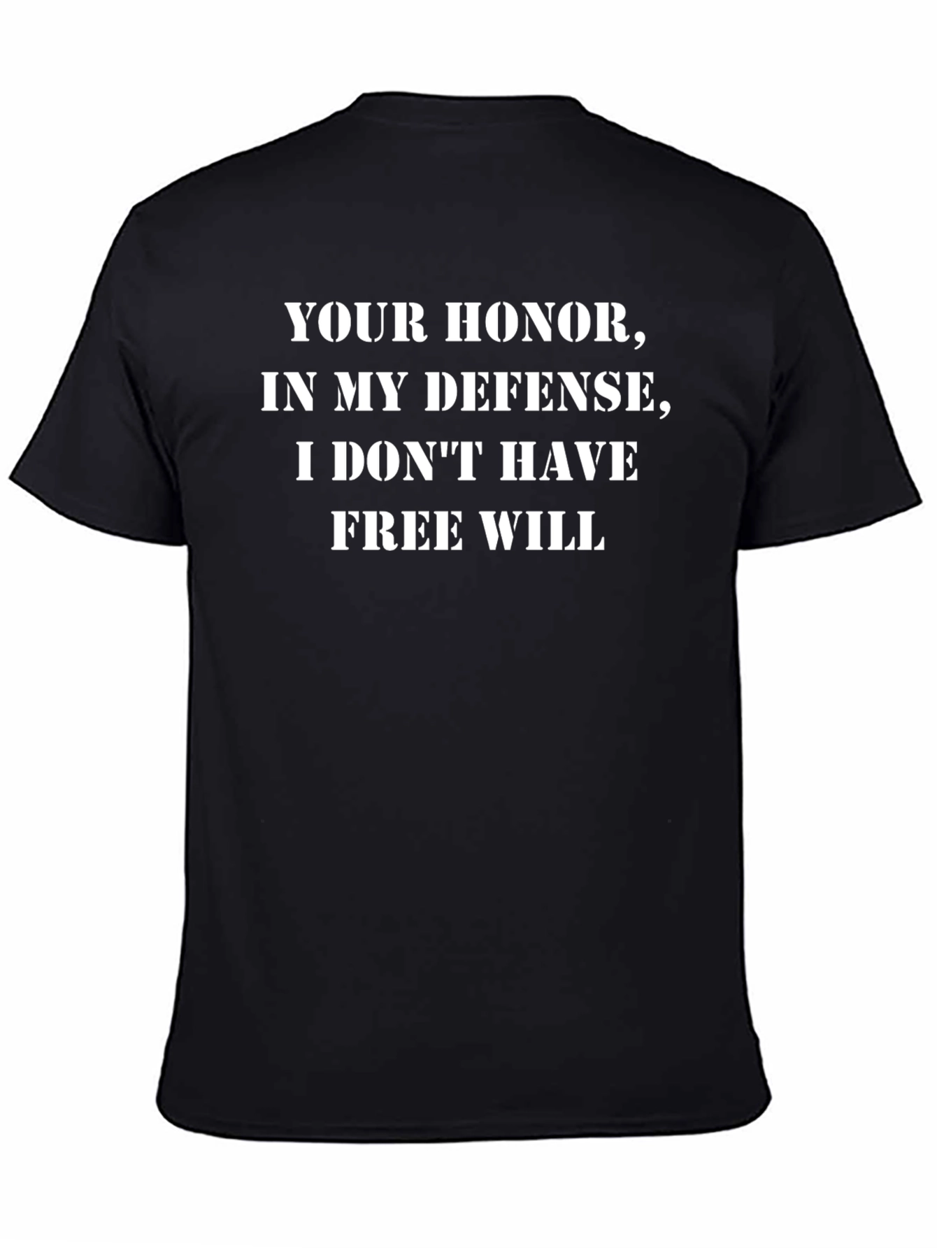 Black Funny Free Will Defense T-Shirt view 4