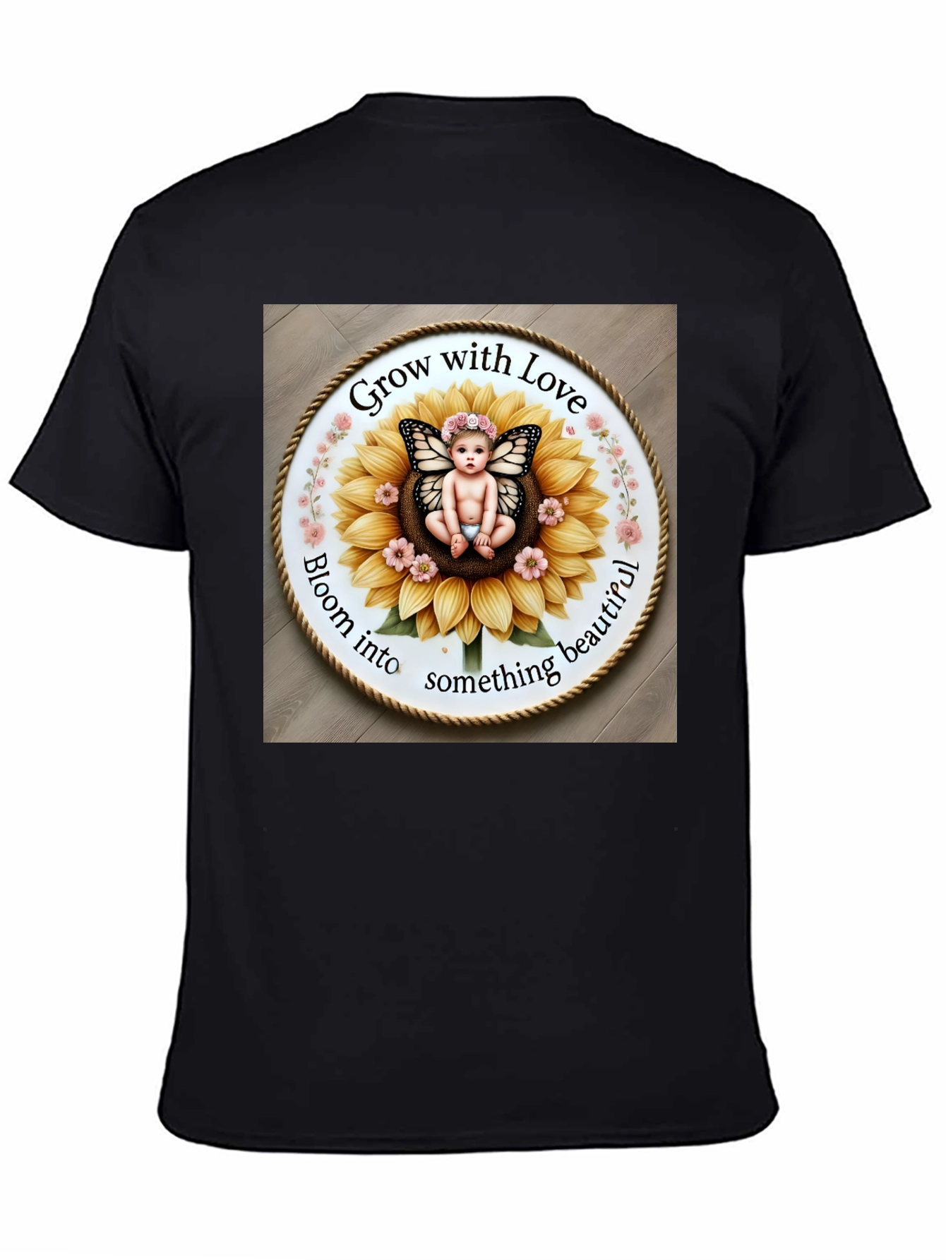 Black Grow with Love T-Shirt - Cute Butterfly Baby Sunflower Design view 4