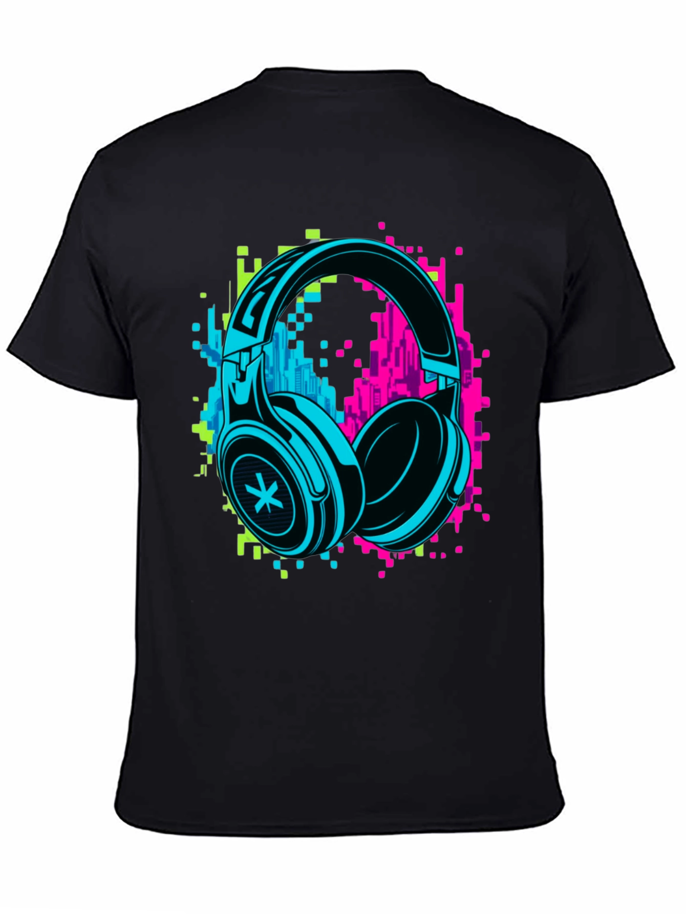 Black Neon Headphones Graphic Black T-Shirt view 4