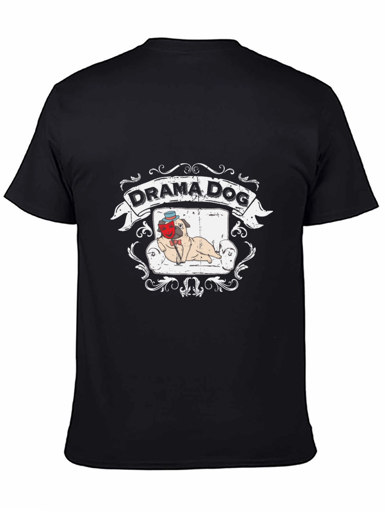 Black Drama Dog T-Shirt: Pug on Couch, Theatrical Design view 4