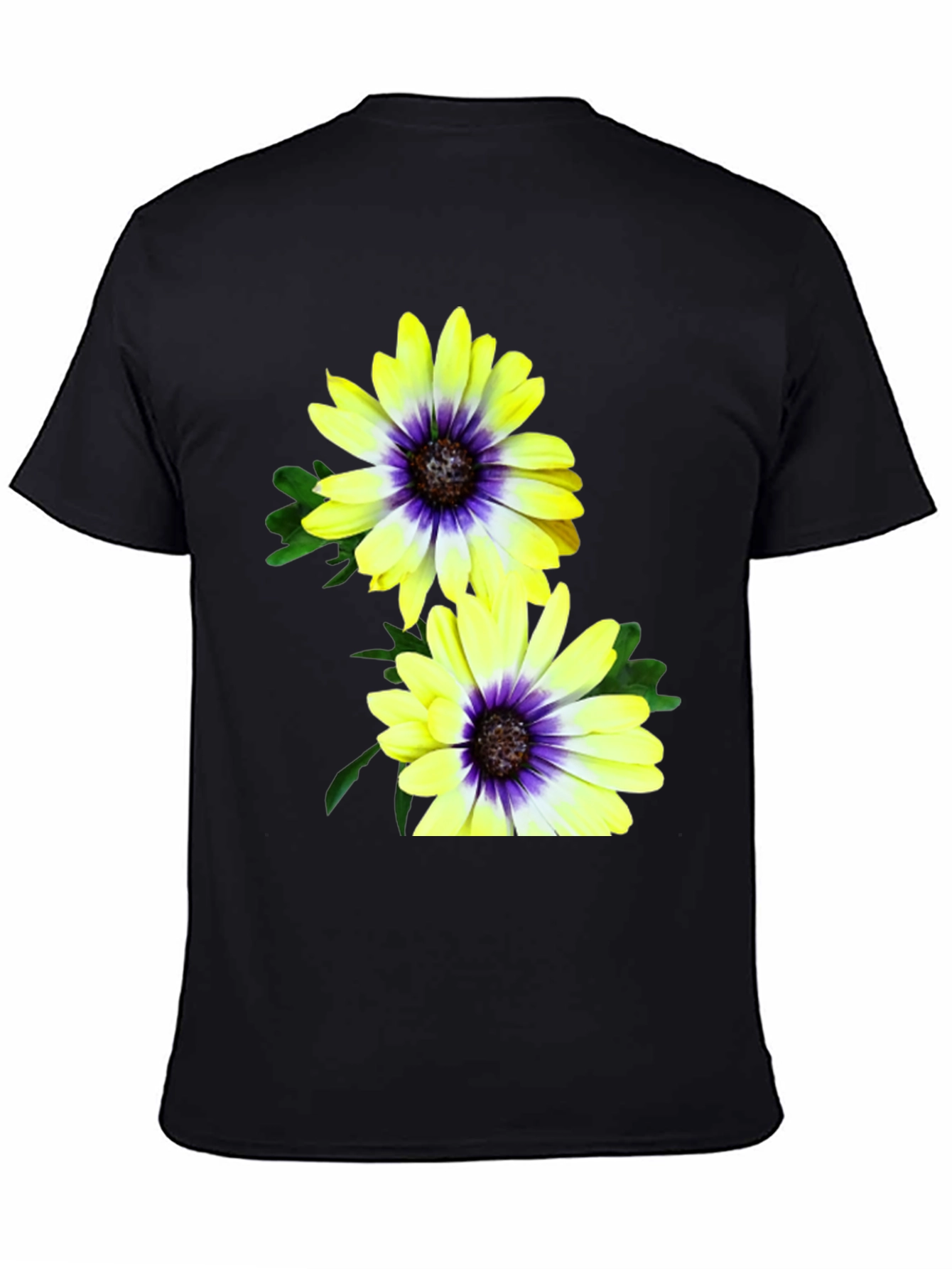 Black Floral T-Shirt: Yellow & Purple Daisy Print view 4