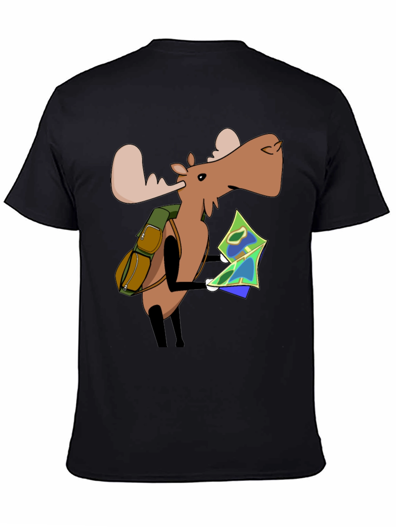 Black Cartoon Moose with Map T-Shirt - Black view 4