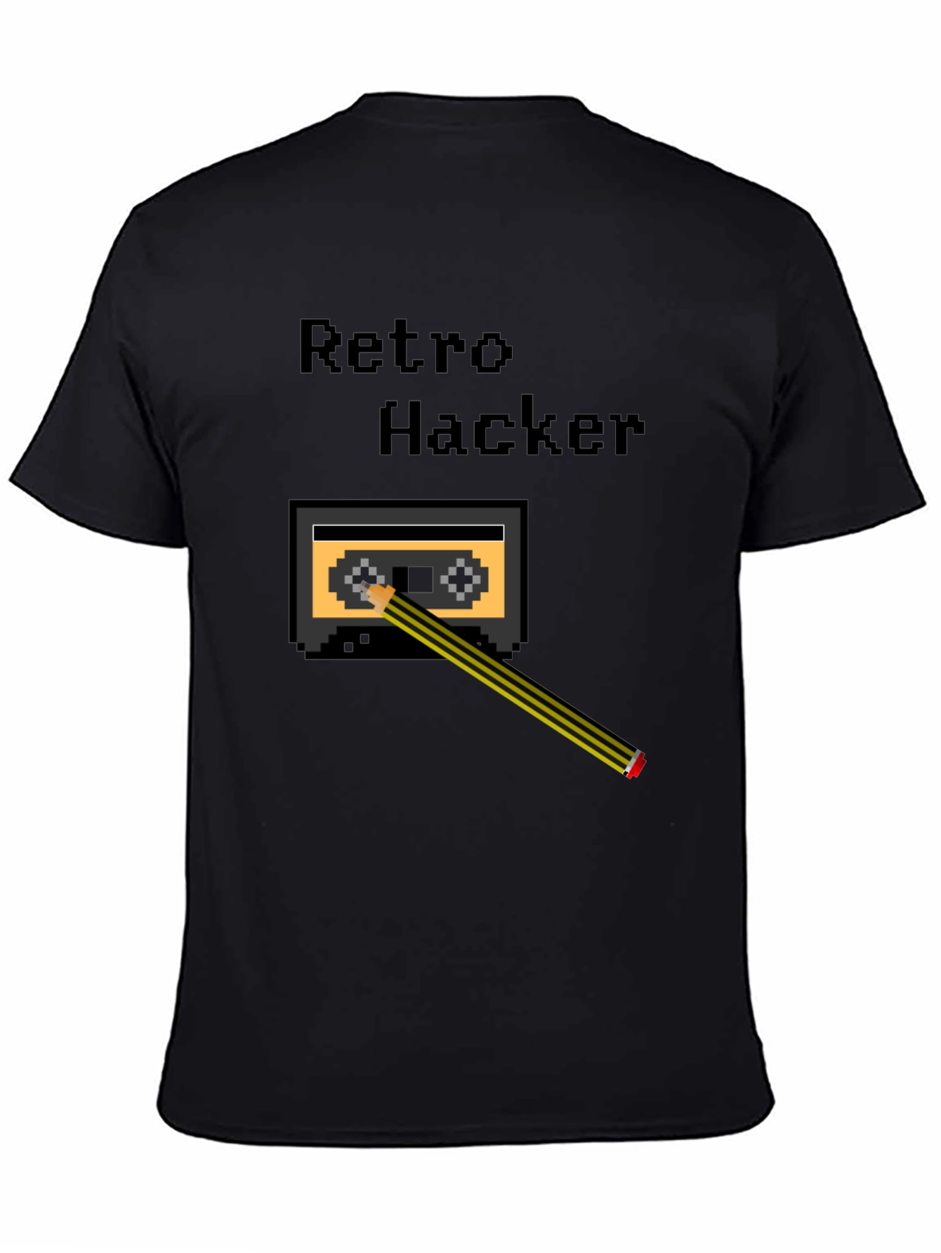 Black Retro Hacker Pixel Art T-Shirt - Cassette and Pencil Design view 4